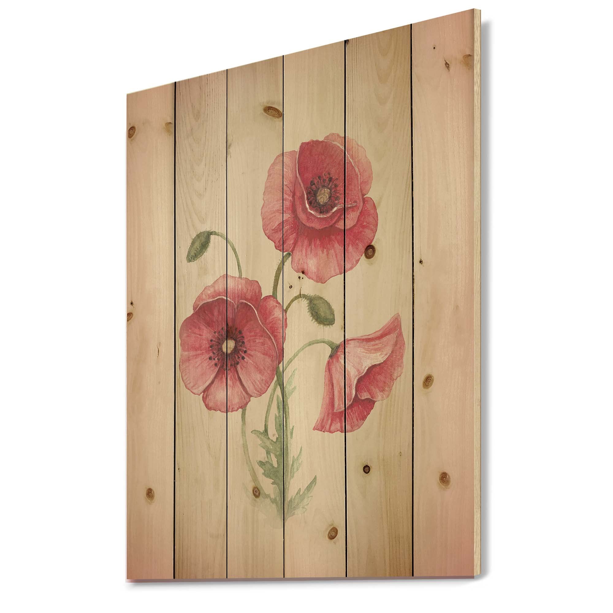 Vintage Poppy Flower Wood Wall Art - Large Pink Floral Wall Decor Panel Printed on Natural Pine Wood - Perfect for Living Room, Bedroom & Farmhouse Decor