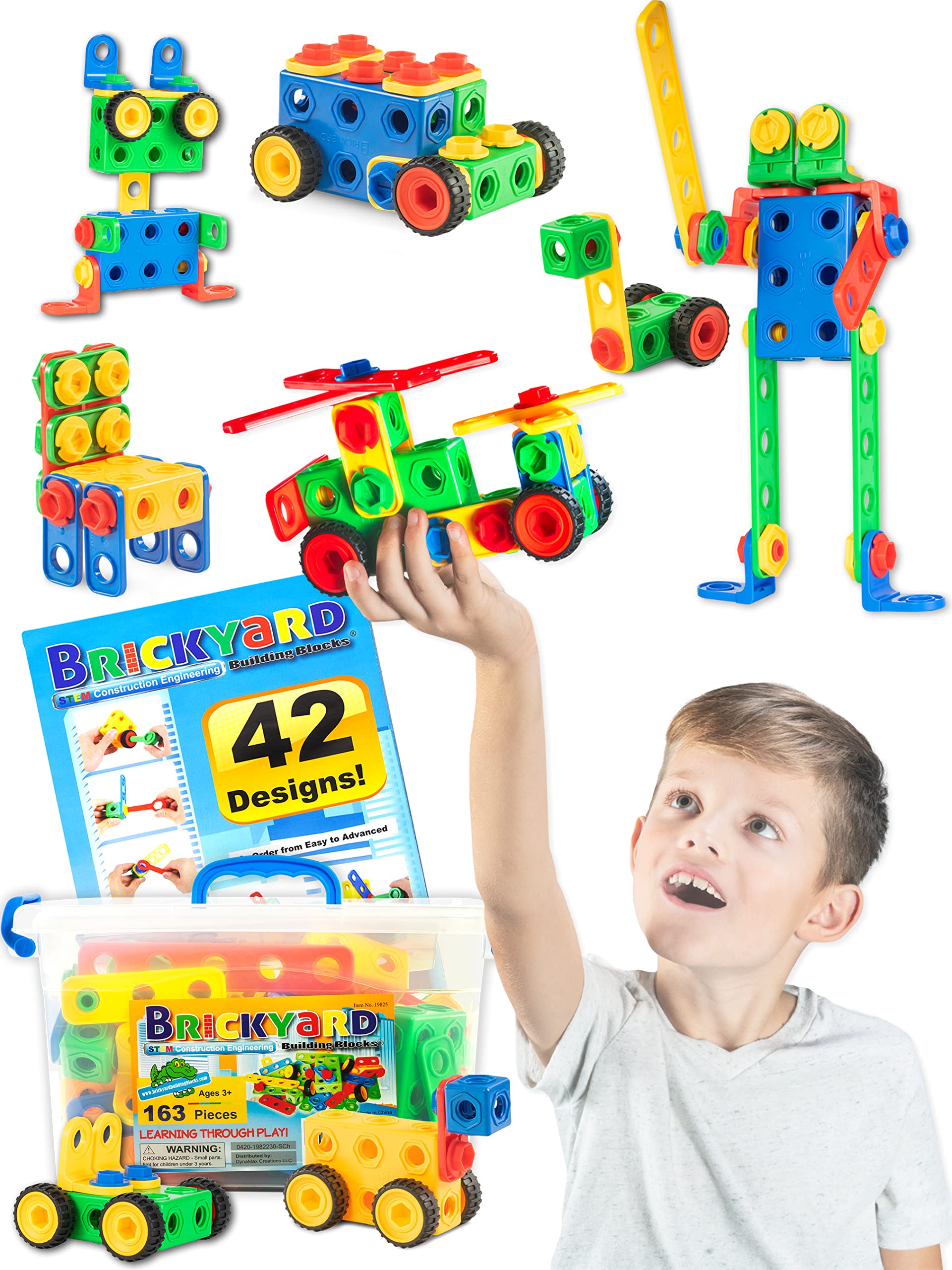 Brickyard STEM Building Blocks for Kids Ages 4-8 - 163 Piece Educational Construction Toy Set with Tools, Design Guide & Storage Box - Creative Learning Gift for Boys & Girls - Perfect for Classroom STEM Activities, Birthday Gifts & Easter Basket Stuffers