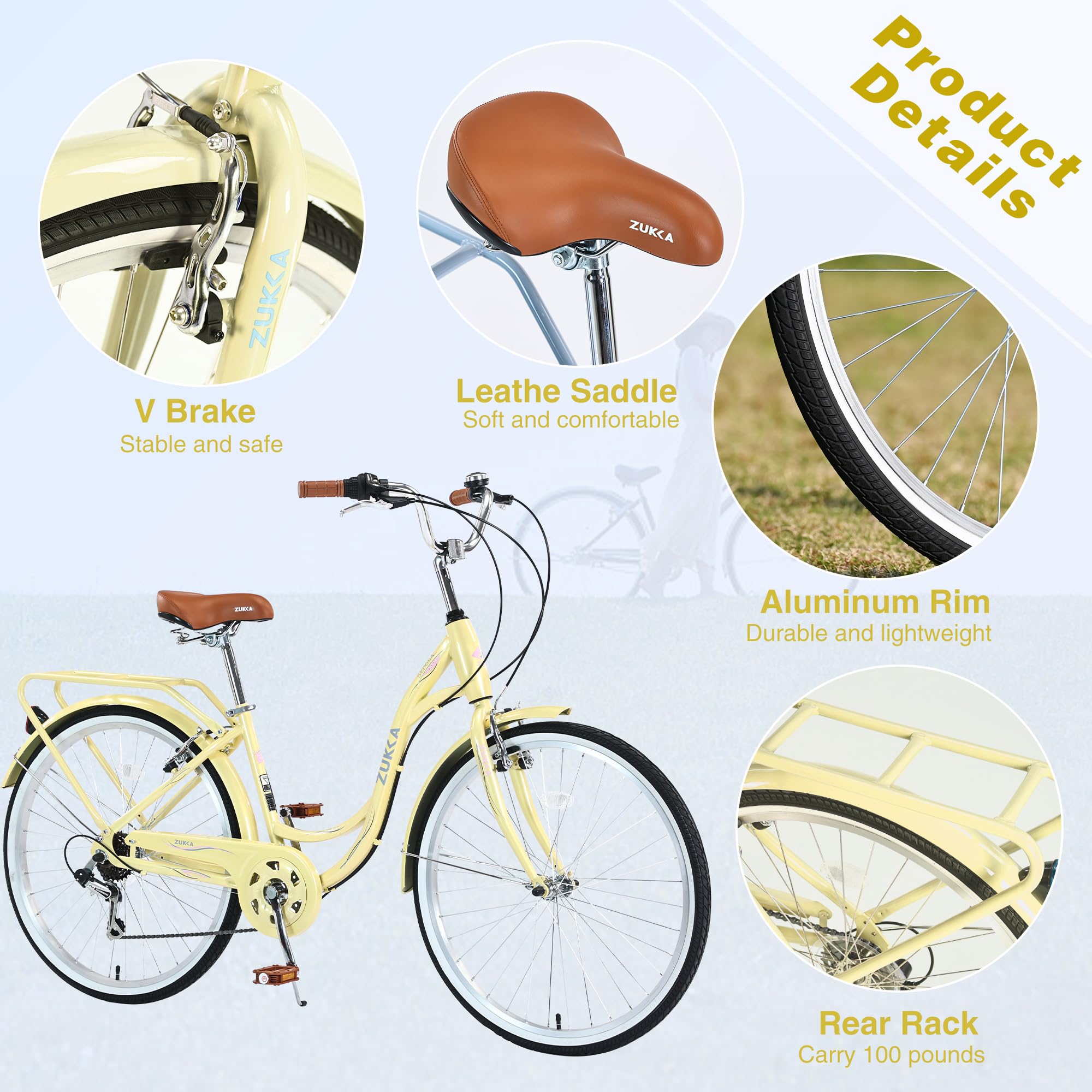 26 Inch Women's Beach Cruiser Bike - 7 Speed Adjustable Seat Comfort Bike for Women & Adults - Perfect for Commuting, Leisure Rides & Beach Cruising
