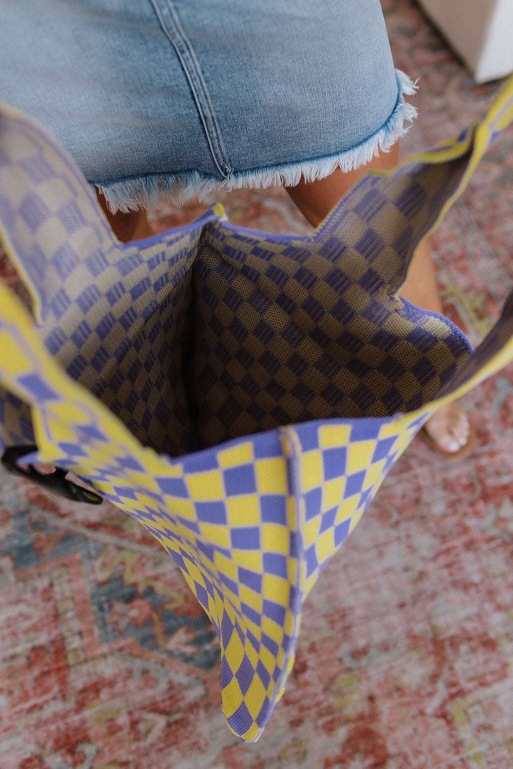Checkerboard Pattern Large Tote Bag - Stylish Lilac & Yellow Crossbody Shoulder Bag for Women | Perfect for Beach, Shopping, Travel & Daily Use
