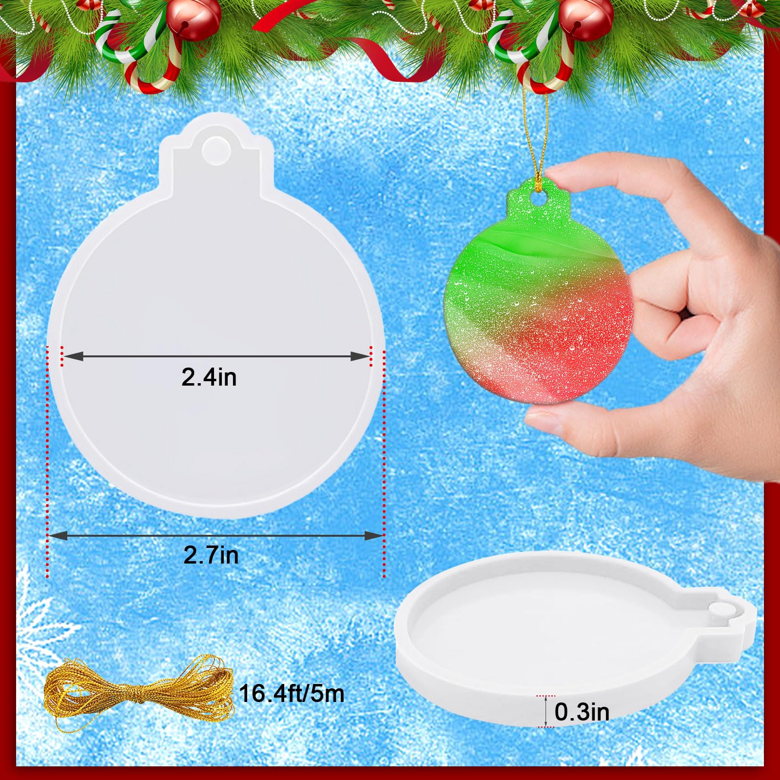 FEBSNOW 4PCS Round Silicone Christmas Ornament Molds for DIY Resin Crafts - Epoxy Pendant Casting Molds with Strings for Holiday Decorations, Xmas Tree Ornaments & Home Decor Gifts