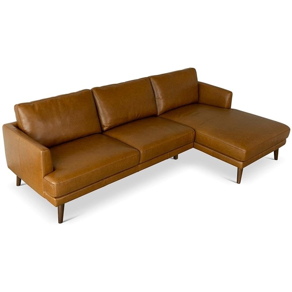Pemberly Row Mid-Century Modern Genuine Leather Right-Facing Sectional Sofa in Tan | Premium Quality Leather Couch for Living Room, Lounge & Office | Stylish Comfortable Sectional for Home Decor