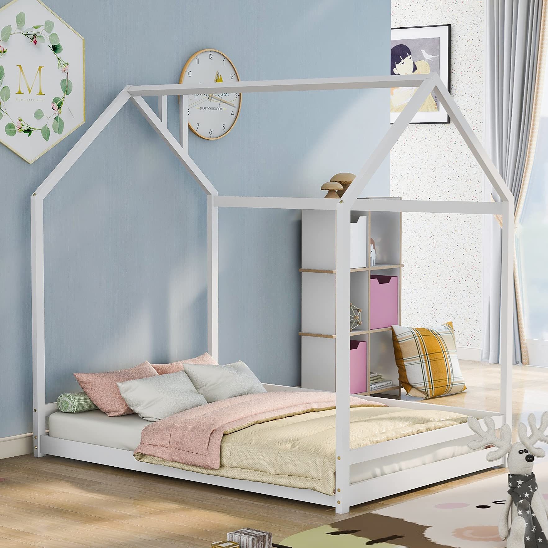 Harper & Bright Designs Full Size House Bed for Kids - Wooden Toddler House Bed Frame with Roof for Girls & Boys Bedroom Furniture (White) - Perfect for Playful Bedrooms & Cozy Sleep Spaces, Box Spring Required
