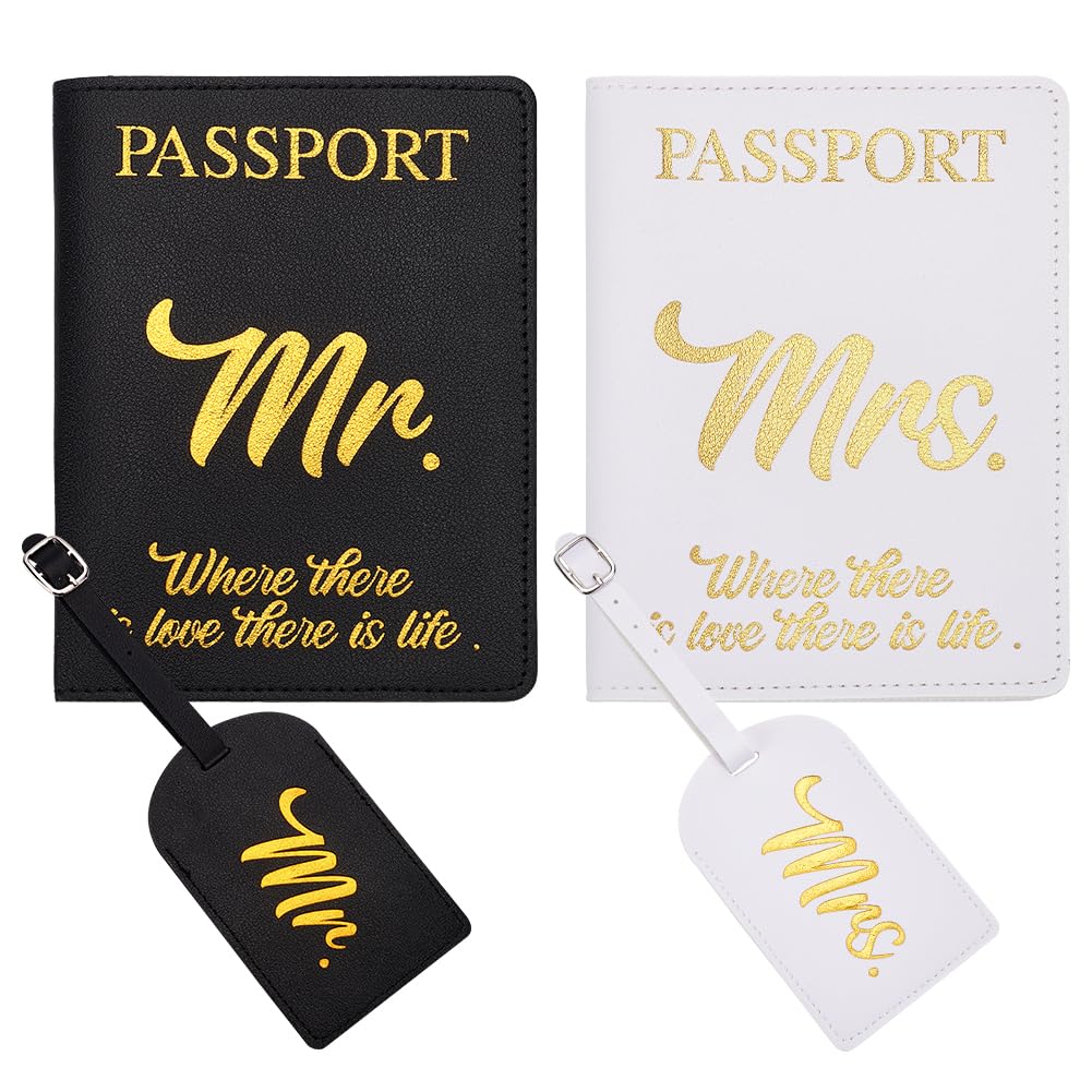 FINGERINSPIRE 4 Pcs Mr and Mrs Passport Cover Holder Set with Luggage Tags - Black & White Couple Travel Accessories, Faux Leather Honeymoon Passport Holder for Bridal Shower Gift - Perfect for International Travel, Anniversary Trips and Romantic Getaways
