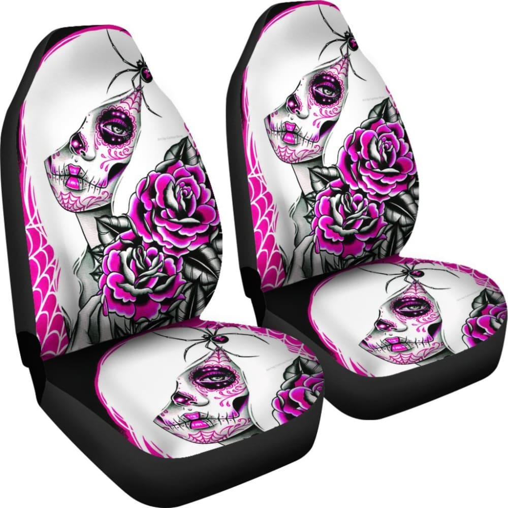 2 Pcs Sugar Skull Girl Car Seat Covers - Gothic Decor for Vehicles - Perfect for Halloween, Dia de Los Muertos & Car Accessories