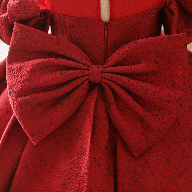Red Satin A-Line Flower Girl Dress with Cold Shoulder Bow - Elegant Knee-Length Dress for Weddings, Parties & Special Occasions