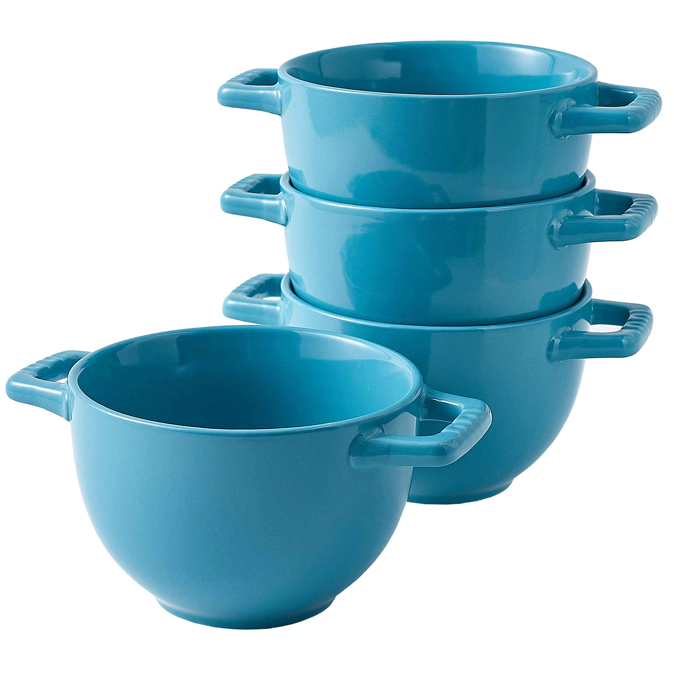 Bruntmor 24 oz Ceramic Soup Mugs with Handles - Set of 4 French Onion Soup Crocks, Microwave, Dishwasher & Oven Safe Bowls for Soup, Pasta, Cereal, Dessert - Perfect for Family Dinners, Restaurants & Cafes (Teal Blue)