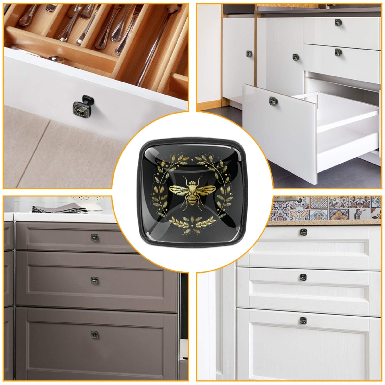 4 Pcs Golden Flying Bee Cabinet Handles - Square Drawer Pulls & Knobs with Screws for Furniture & Office Cabinets - Elegant Home & Office Decoration