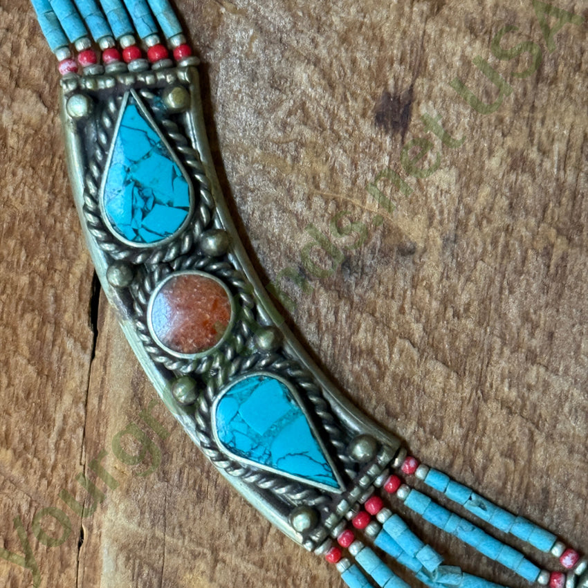Handmade Tibetan Alpaca Silver Necklace with Turquoise & Coral Beads - Boho Chic Jewelry for Women, Perfect for Festivals, Weddings & Layering