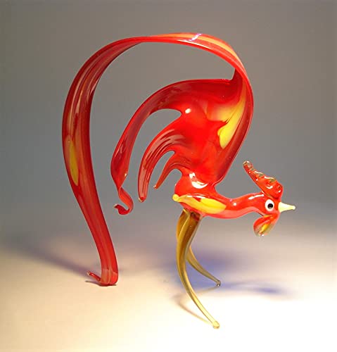 Handmade Red Glass Rooster Figurine with Elegant Arched Tail - Unique Home Decor for Kitchen, Dining Table, or Farmhouse Style Interior