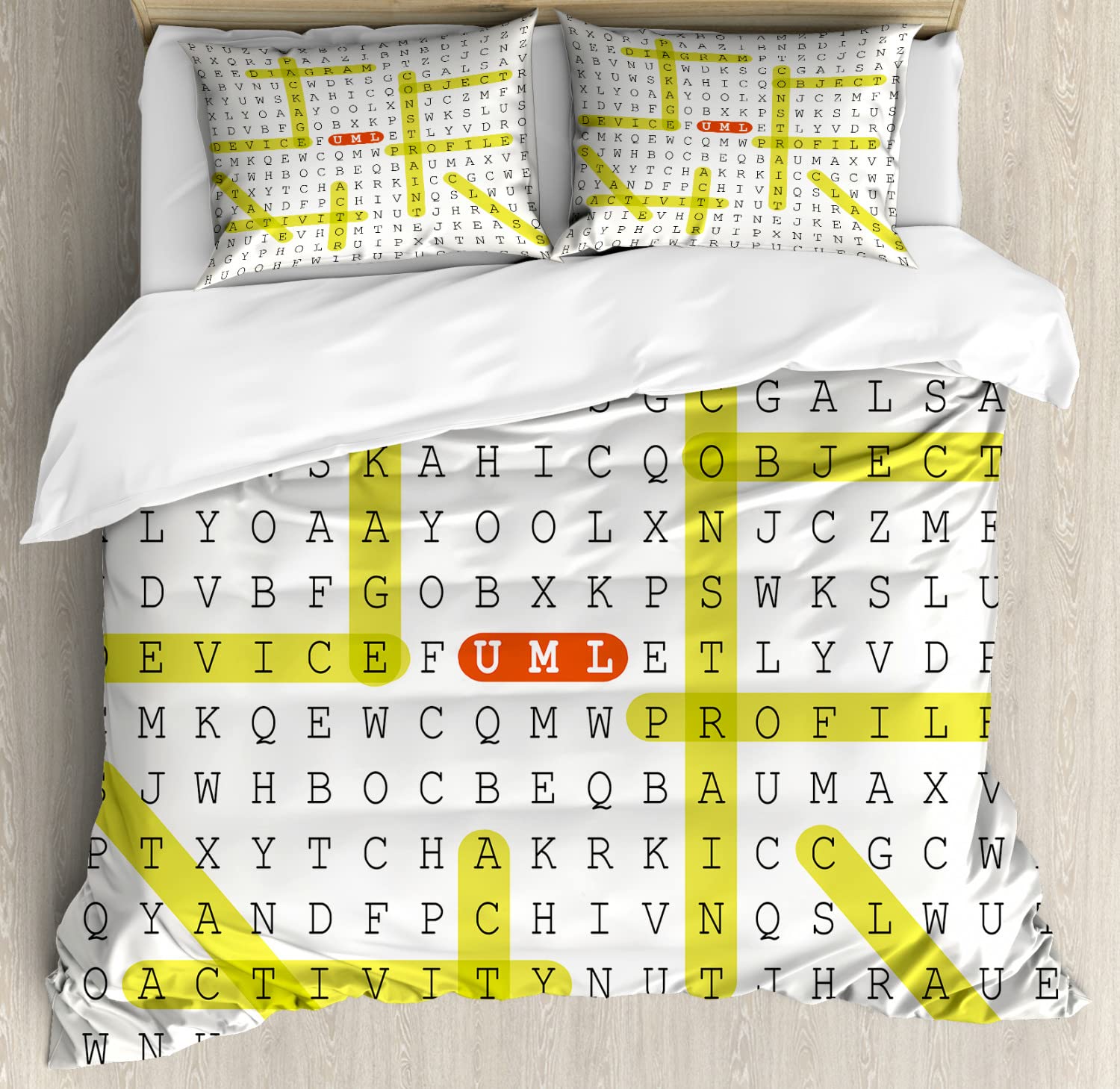 Ambesonne Word Search Game Duvet Cover Set - 2 Pack Queen Size Black Yellow Orange Bedding with 2 Duvet Covers & 4 Pillowcases - Fun UML Word Puzzle Design for Teens & Adults - Perfect for Game Nights, Dorm Rooms & Themed Bedrooms