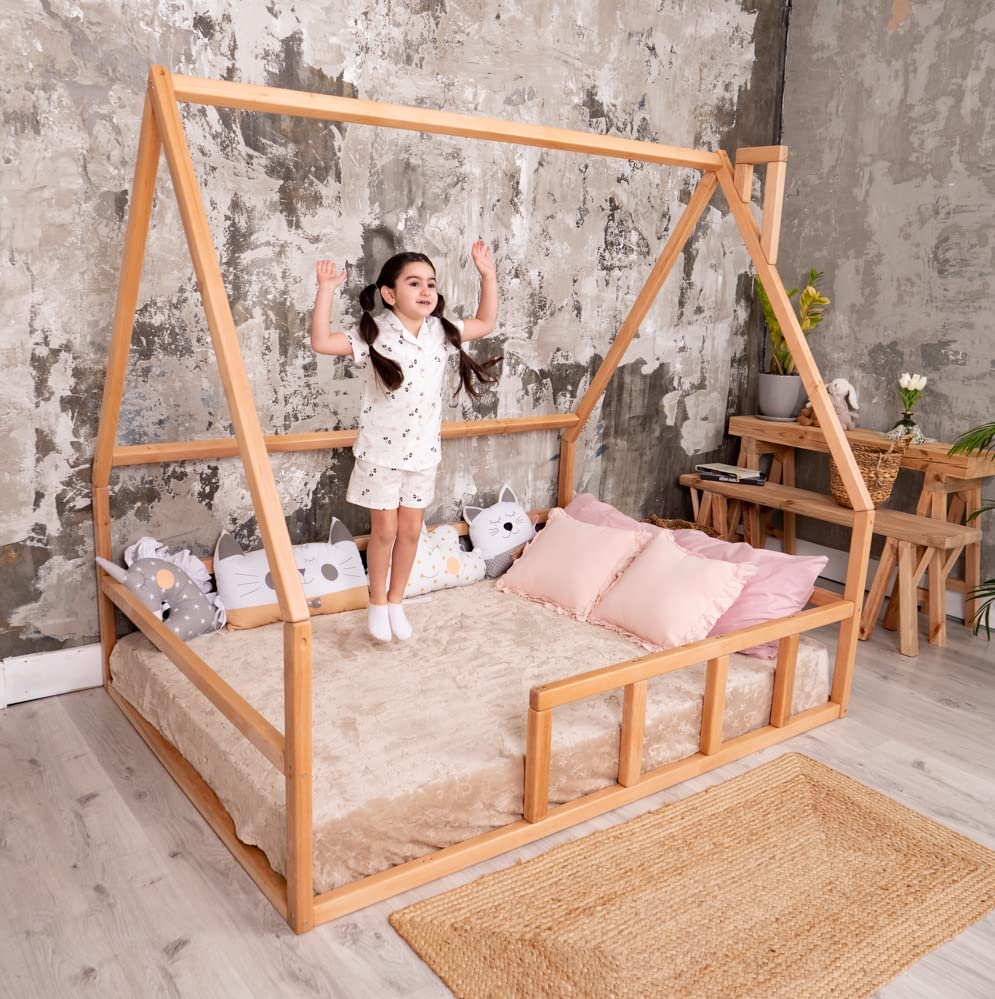 Montessori Floor Bed for Toddlers - Solid Alderwood, Non-Toxic Water-Based Paint, 7 Colors & 5 Sizes - Twin Kids Climbing Bed with Safety Rails - European-Made House Bed for Active Play & Restful Sleep - Perfect for Montessori Rooms, Daycare Centers & Cozy Bedrooms
