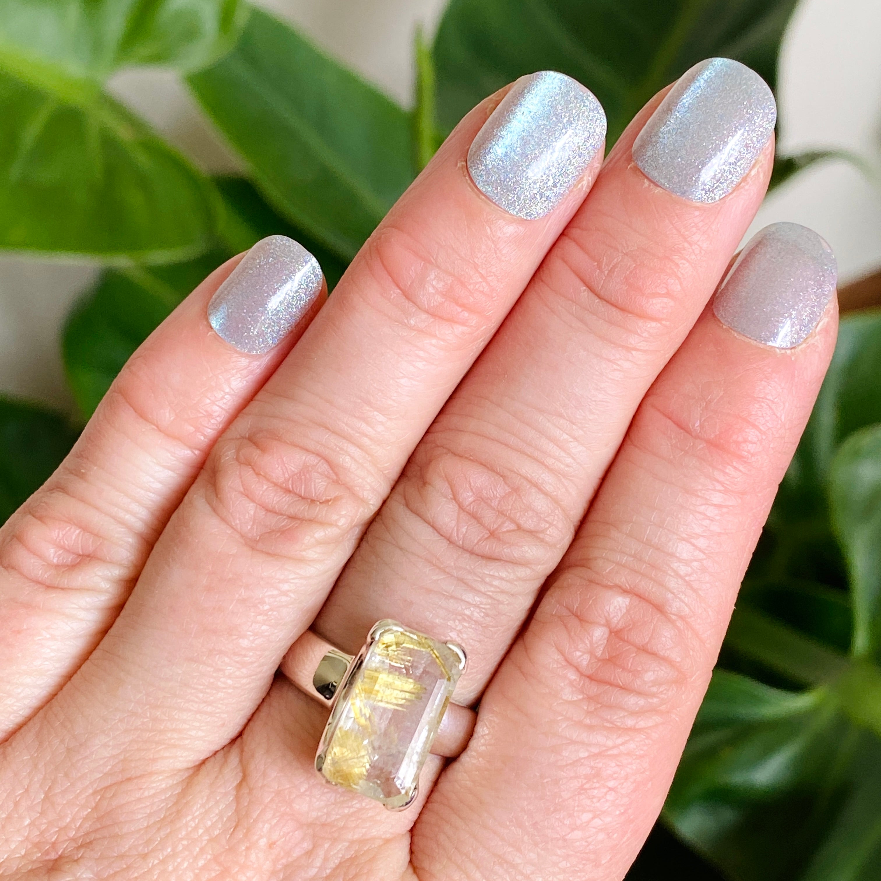 Rutilated Quartz Faceted Rectangular Ring Size 8 - Elegant Gold Jewelry for Women, Perfect for Weddings & Special Occasions