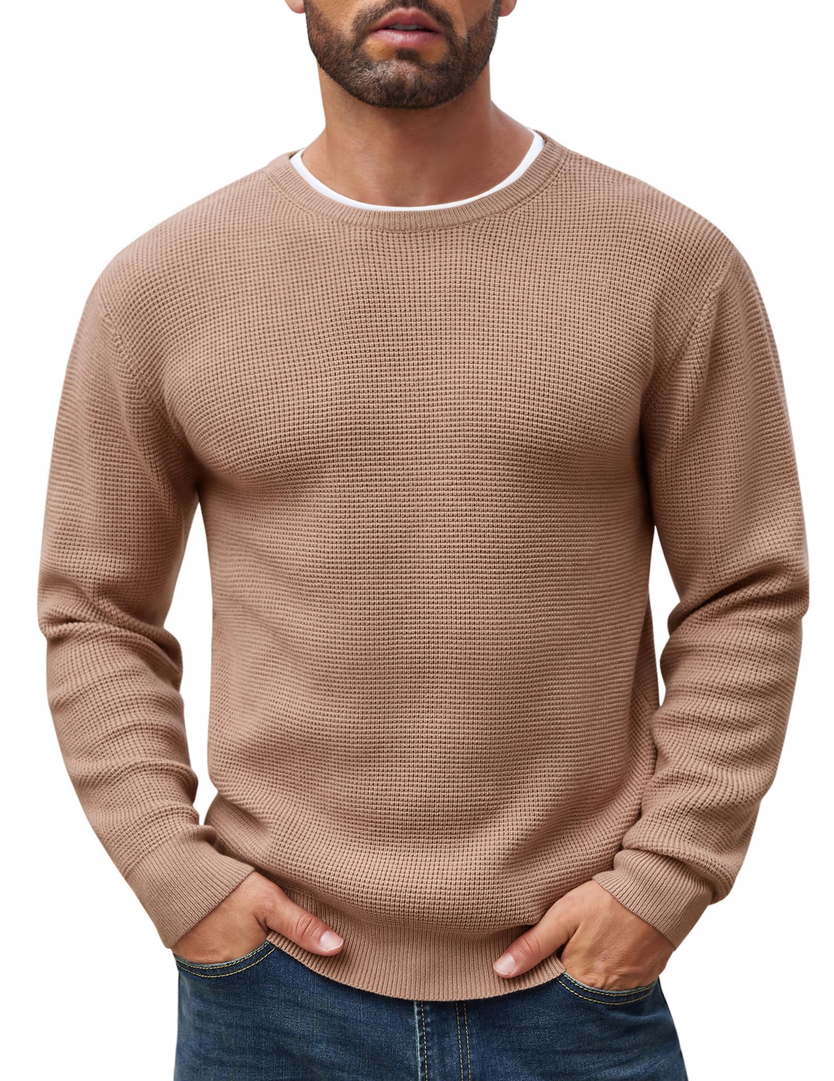 COOFANDY Men's Waffle Knit Crewneck Sweater - Soft Midweight Pullover for Casual & Layering | Fall & Winter Fashion