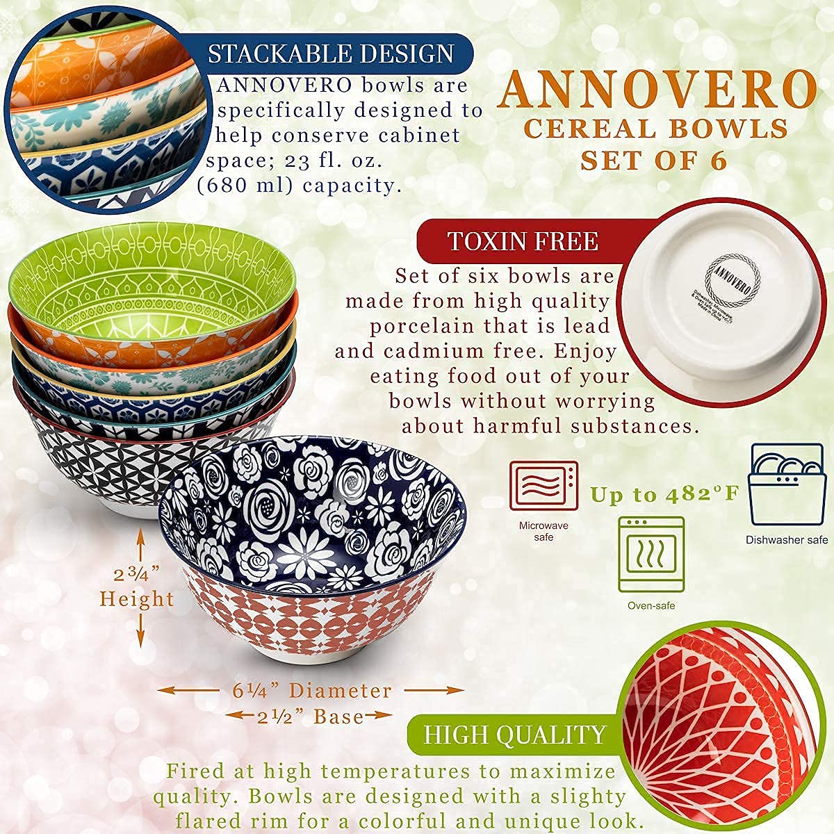 Annovero Porcelain Mugs & Cereal Bowls Set - Microwave & Dishwasher Safe Colorful Dinnerware for Coffee, Soup, Breakfast Cereal - Perfect for Home, Office & Restaurant Use