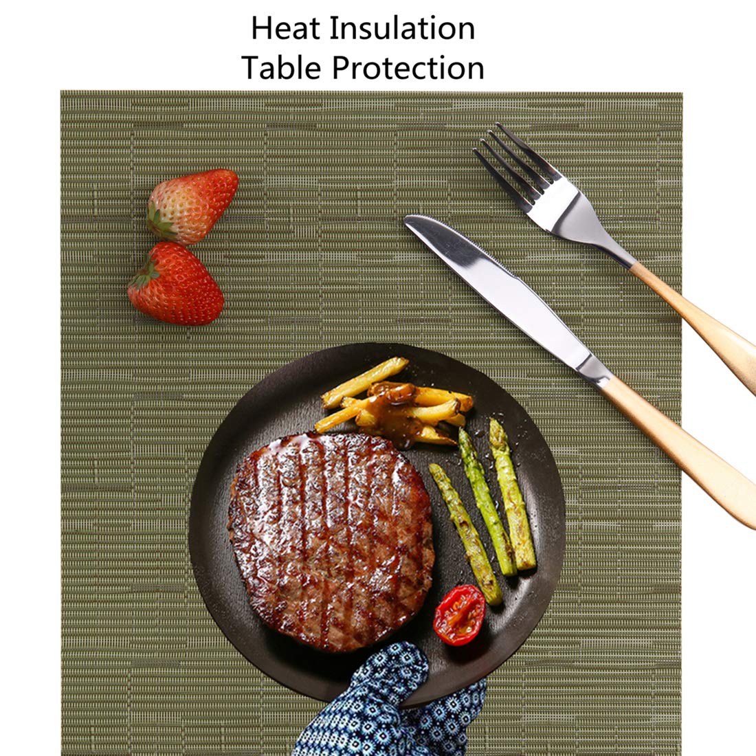 Myir JUN Set of 8 Non-Slip Heatproof Woven Placemats - Washable PVC Table Mats for Dining, Kitchen & Indoor Use (Green) - Perfect for Everyday Meals, Dinner Parties & Home Decor