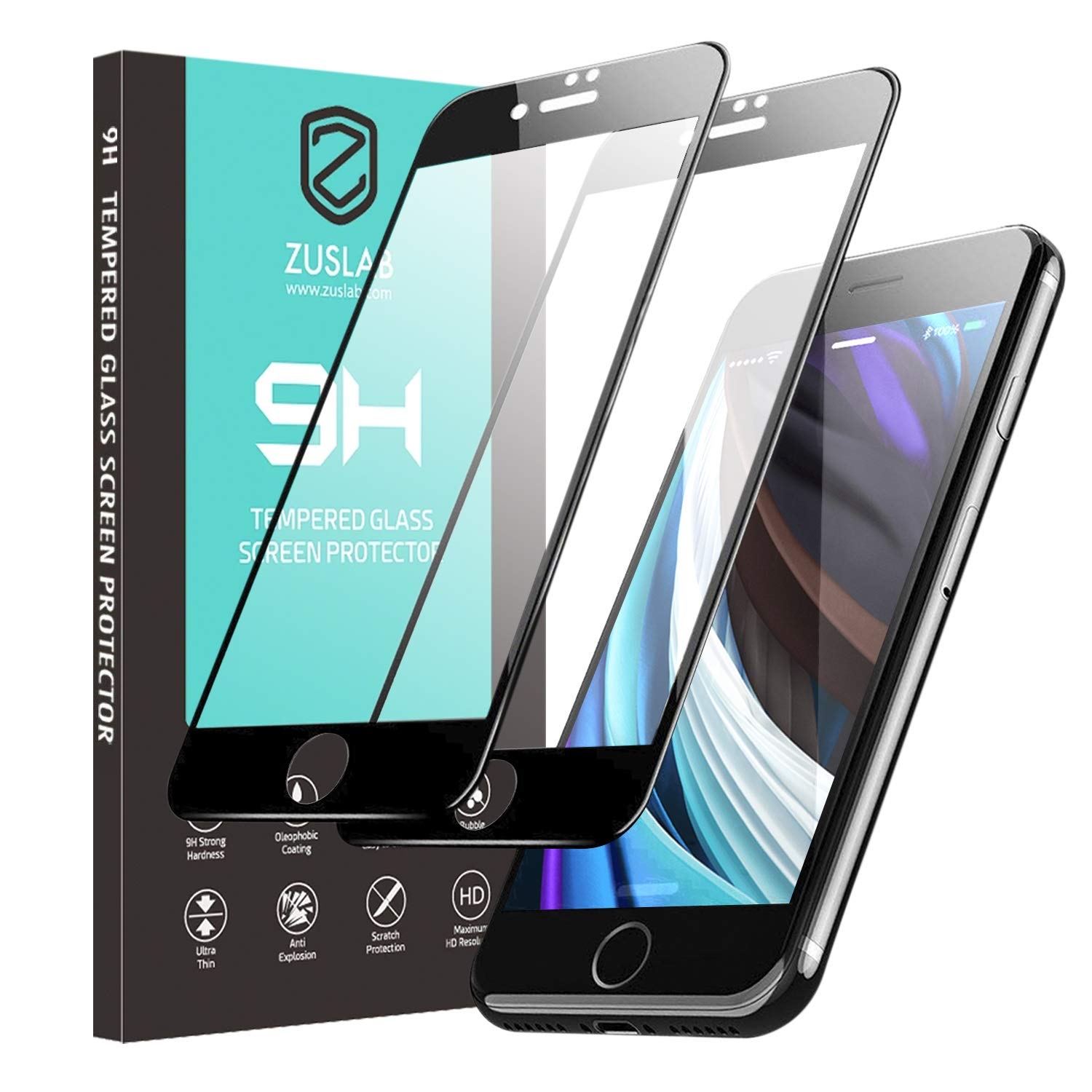 ZUSLAB Tempered Glass Screen Protector for iPhone SE 2022/iPhone 8/iPhone 7 - 2 Pack HD Clear Anti-Scratch Case Friendly - Perfect for Everyday Use & Travel Protection