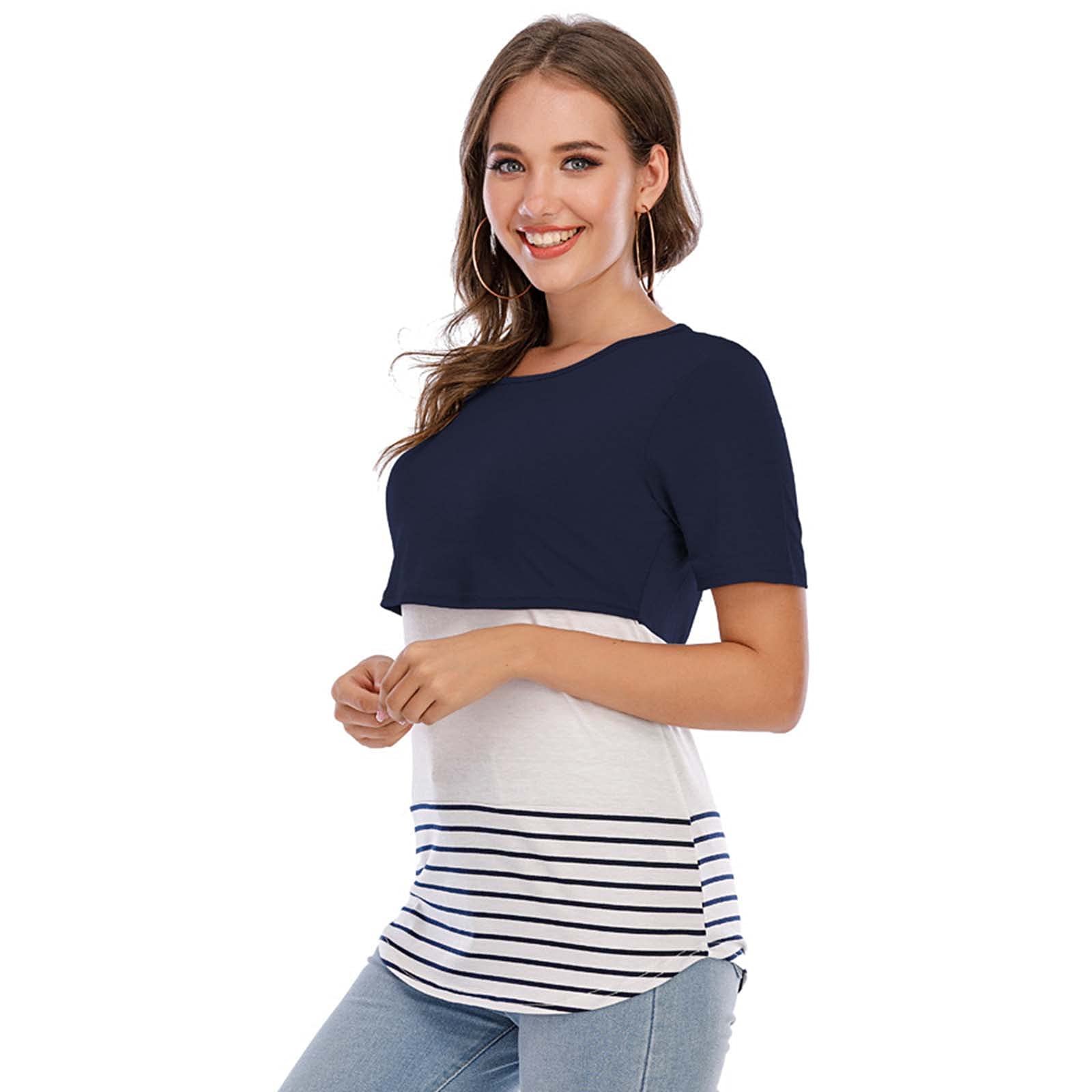 LIUguoo Women's Maternity Shirts - Short Sleeve Nursing Tops with Stripe Patchwork Design, Breathable Summer Breastfeeding Blouses & Flowy Tunic Tops for Pregnancy, Nursing, and Casual Outings