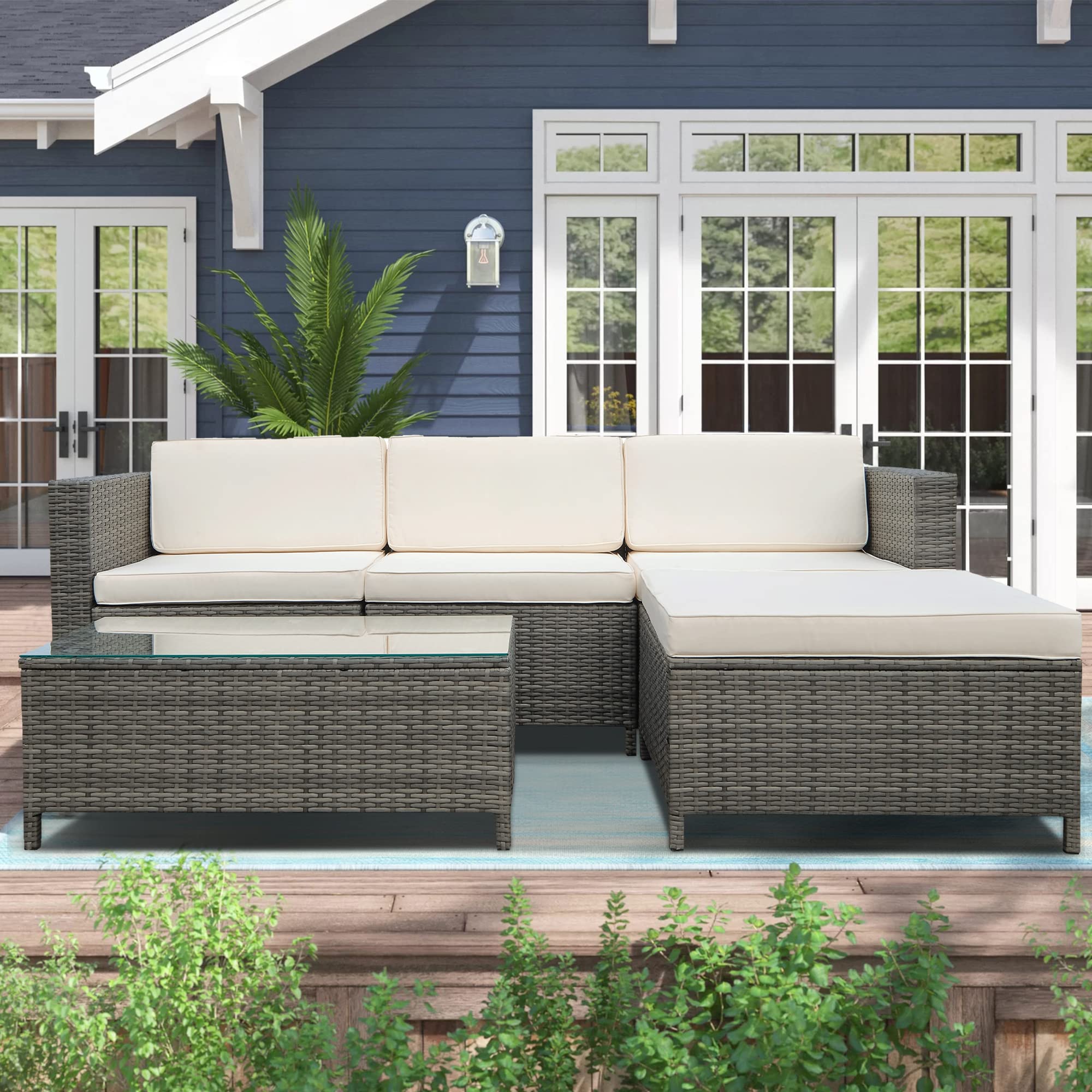 **SUNVIVI 5-Piece Outdoor Patio Furniture Set - All-Weather Wicker Sectional Sofa with Grey Washable Cushions & Glass Table - Perfect for Backyard, Garden, and Poolside Relaxation**