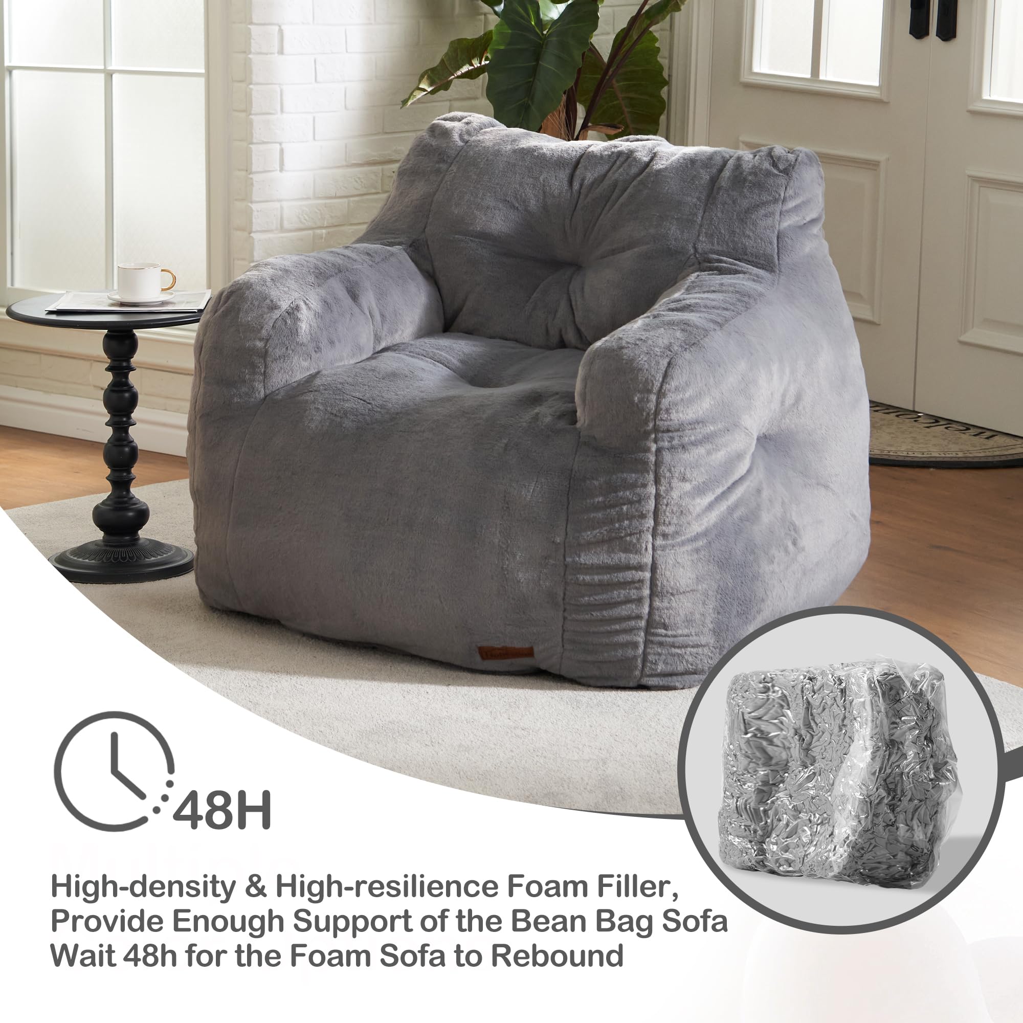 Hobestluk Furry Bean Bag Chair with Arms - Small Foam Filled Beanbag Sofa for Adults, Grey - Perfect for Reading, Relaxing in Bedroom, Living Room, Dorm & Game Room