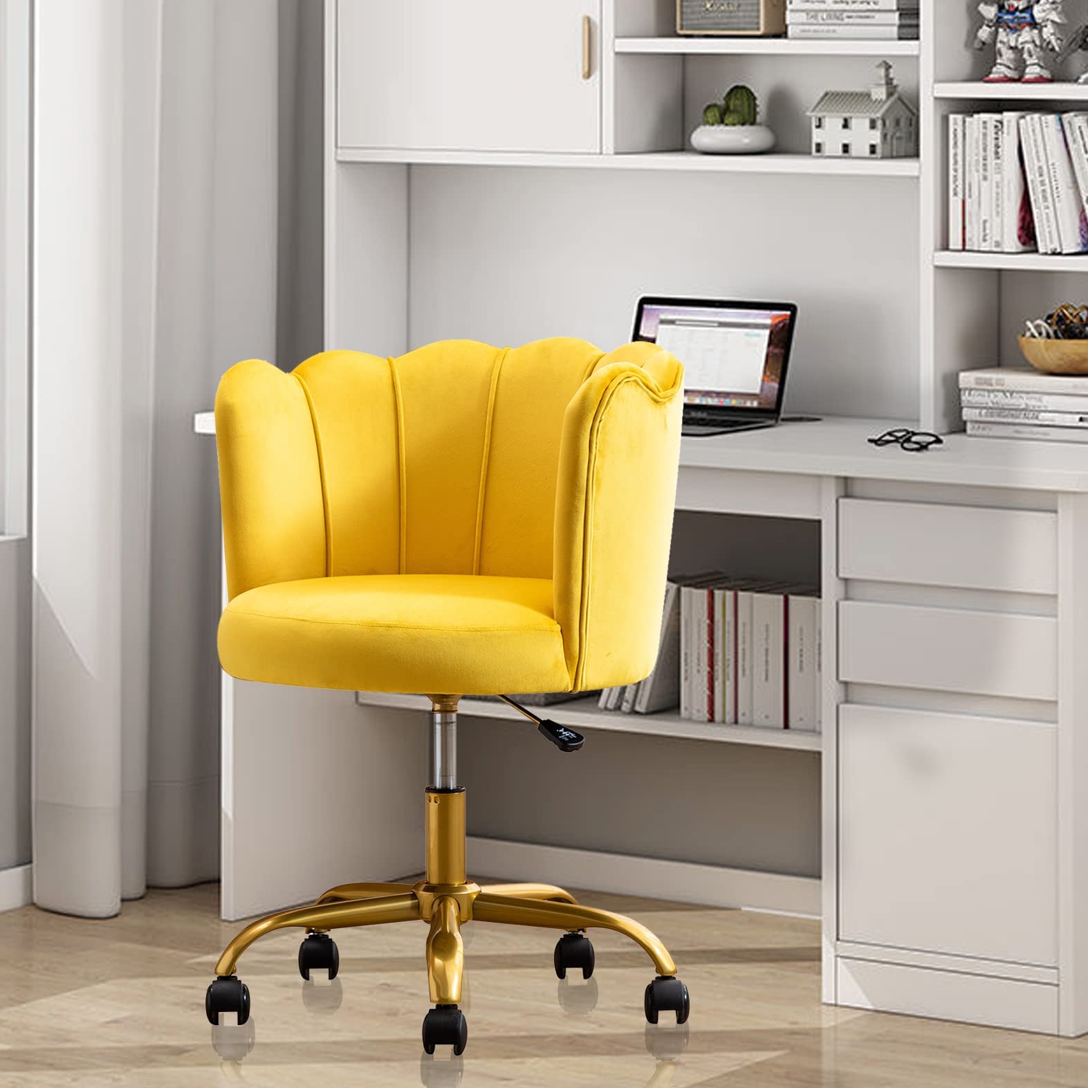Velvet Desk Chair with Golden Base - 360° Swivel Adjustable Upholstered Office Chair, Modern Vanity Chair for Bedroom, Living Room & Home Office - Comfortable Accent Chair for Working, Studying & Makeup Dressing