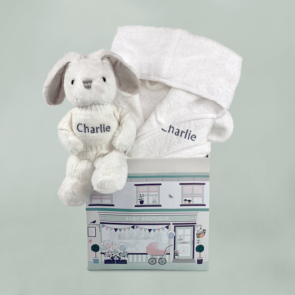 Personalized Little Bunny Bathrobe and Hamper Set for Toddlers 1-2 Years - Soft Grey with White Trim | Perfect for Baby Showers, Birthday Gifts & Nursery Decor