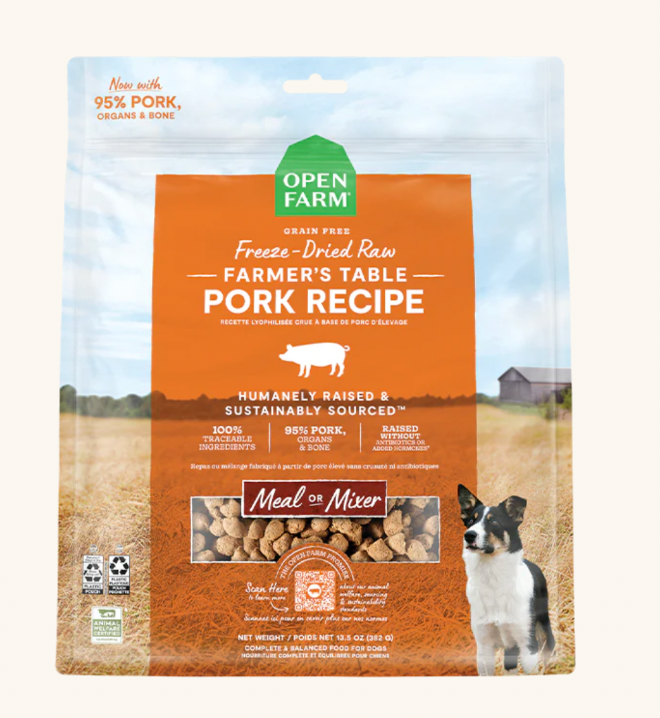 Open Farm Freeze-Dried Raw Dog Food - Farmer's Table Pork Recipe | Grain-Free, Human-Grade Ingredients for Small & Large Dogs | Perfect for Training Treats, Meal Toppers & Outdoor Adventures