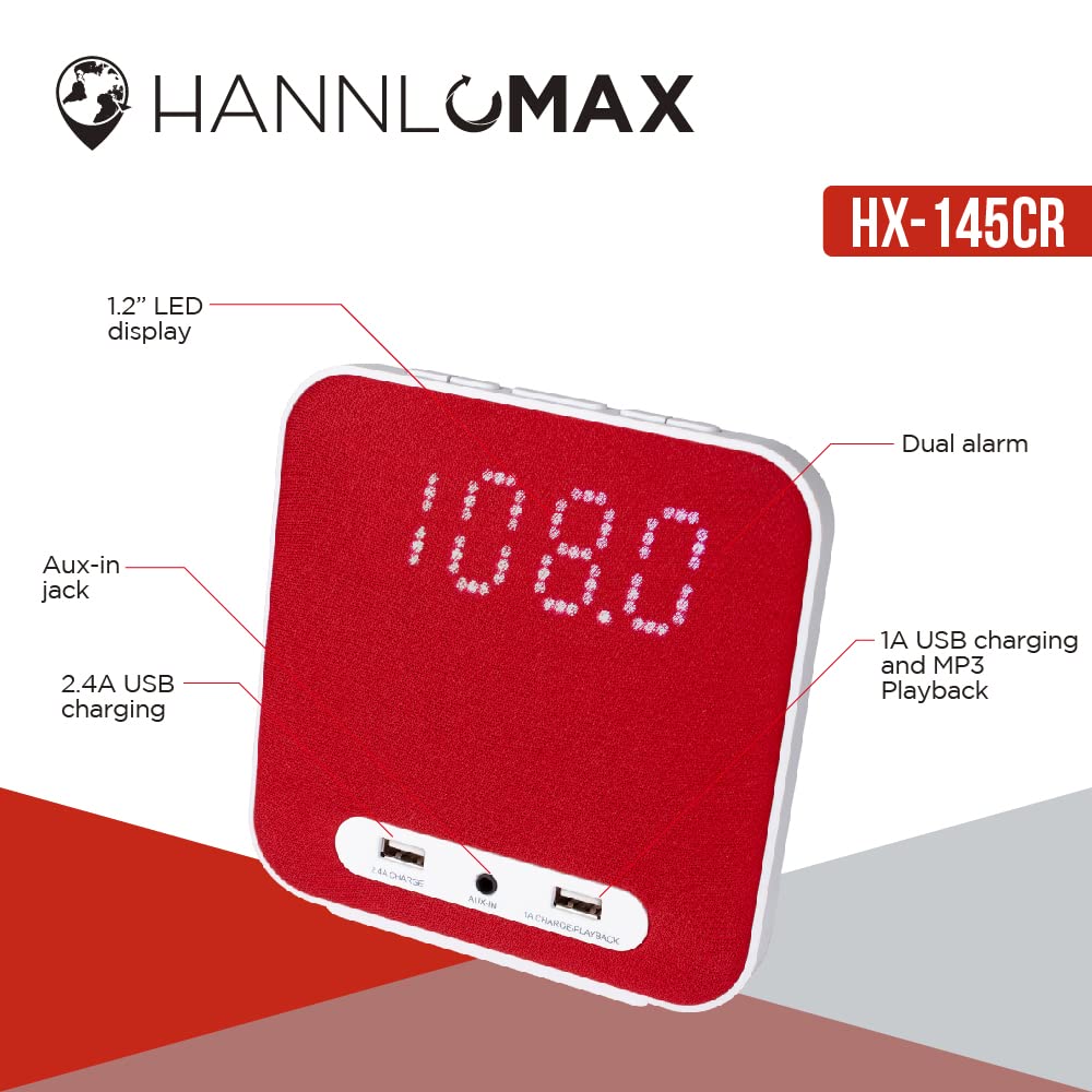 HANNLOMAX HX-145CR Digital Alarm Clock Radio with FM PLL Tuner, Dual Alarm, 2 USB Charging Ports (2.4A+1A), Aux Input - Perfect for Bedroom, Office, Travel (Red)