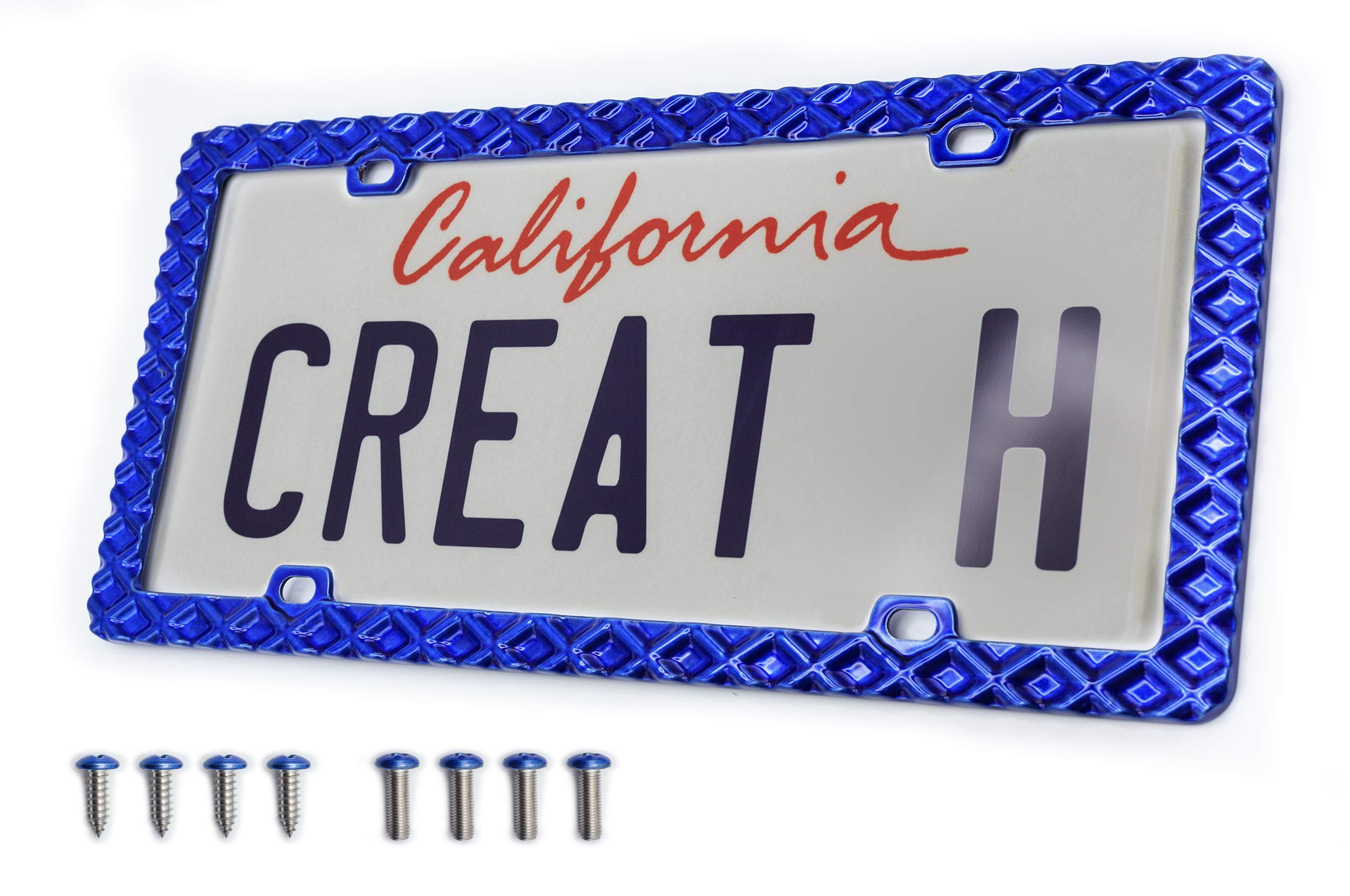 Creathome 3D Waffle Pattern Blue License Plate Frame - Durable Zinc Alloy Metal Car Plate Holder for Cars, Trucks & SUVs - Perfect for Customization & Vehicle Protection