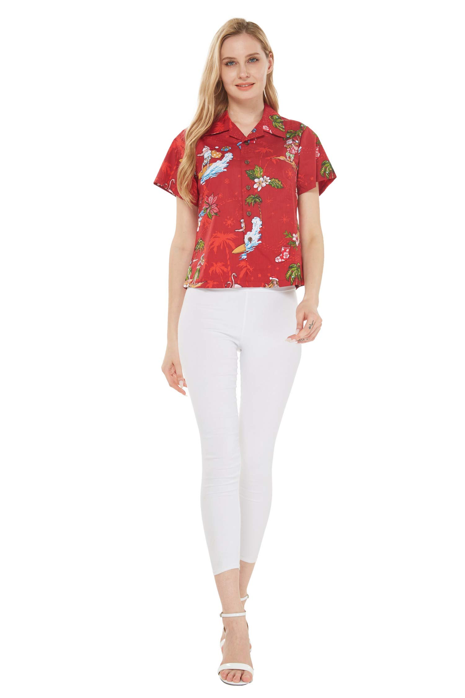 Hawaiian Christmas Santa Aloha Shirt for Women - Festive Red Holiday Floral Print - Perfect for Christmas Parties, Beach Vacations & Tropical Themed Events