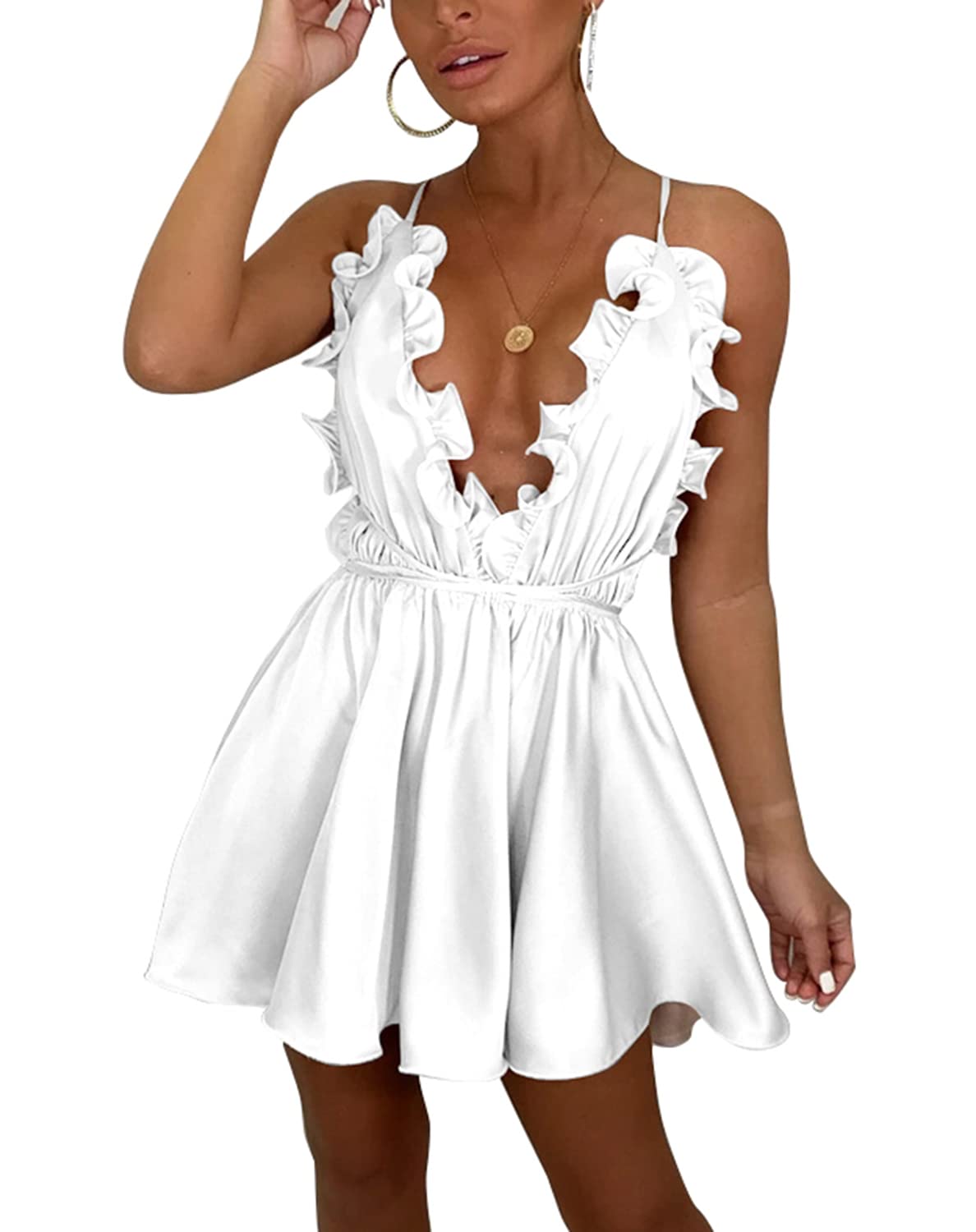 Sexy Summer Ruffle Backless Satin Dress for Women - Sleeveless Spaghetti Strap Lace-Up Deep V Neck Prom & Club Dress | Perfect for Evening Parties, Date Nights & Special Occasions