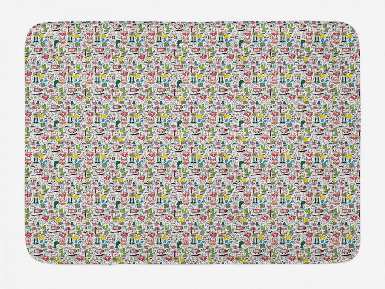 Ambesonne Non-Slip Cartoon Bath Mat - Colorful Chaotic Design with Fruits, Cactus, Bunny, TV & More - Soft Plush Bathroom Rug 30