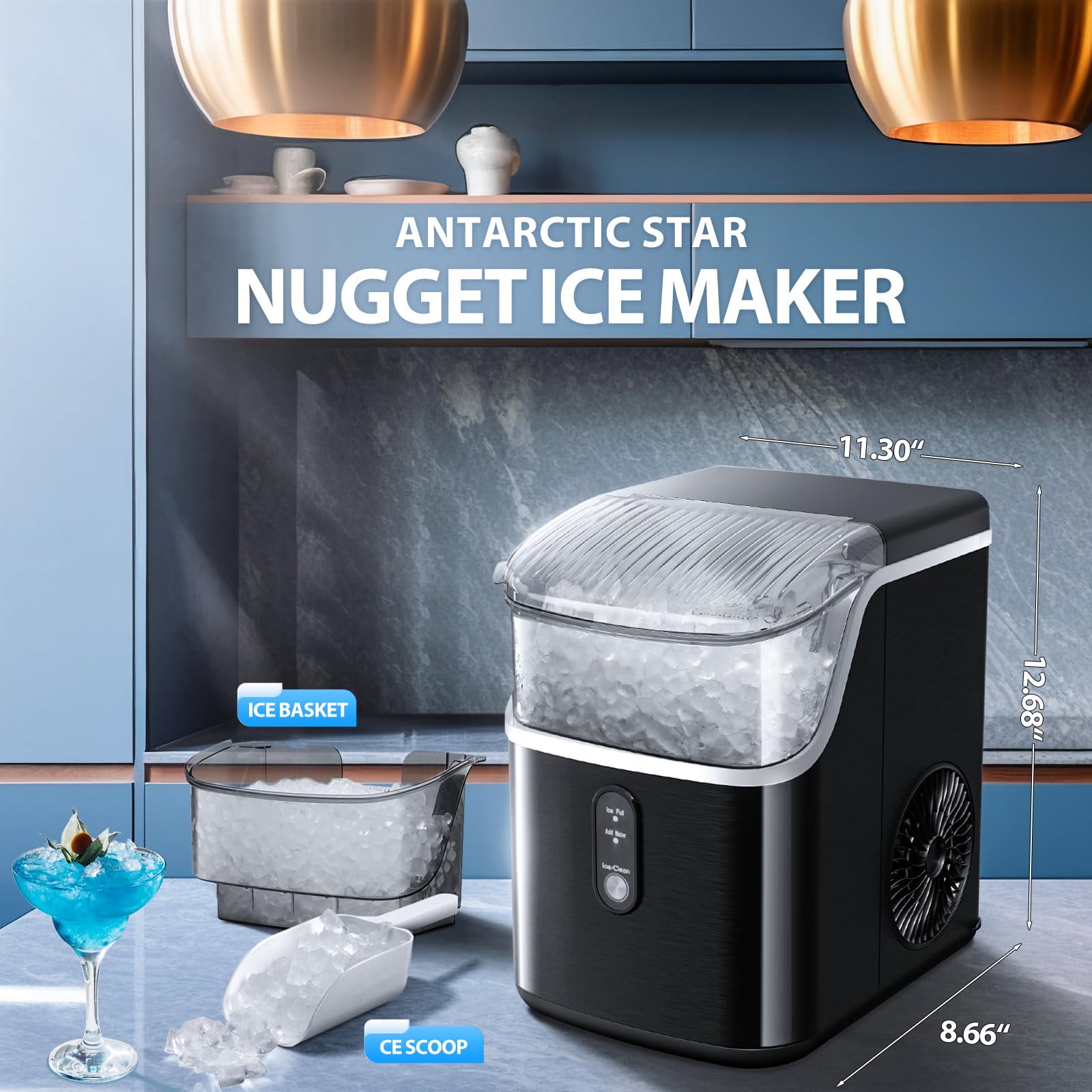 Portable Countertop Ice Maker with Soft Chewable Pellet Ice - 36Lbs/24H Self-Cleaning Sonic Ice Machine, One-Touch Operation for Kitchen, Office, Bar, RV - Stainless Steel Black Design