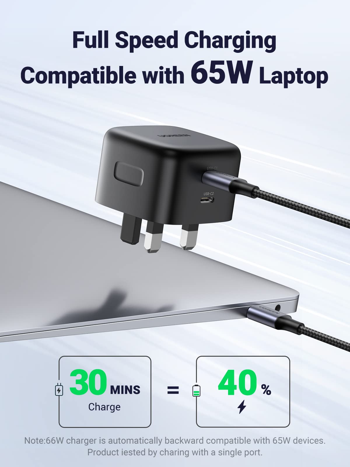 UGREEN 65W GaN USB C Fast Charger with 2 Ports - Compatible with MacBook Pro/Air, iPhone 16/15/14, iPad, Galaxy S24/S23, Pixel 9 - Compact Laptop & Phone Charger for Home, Office & Travel (Black)