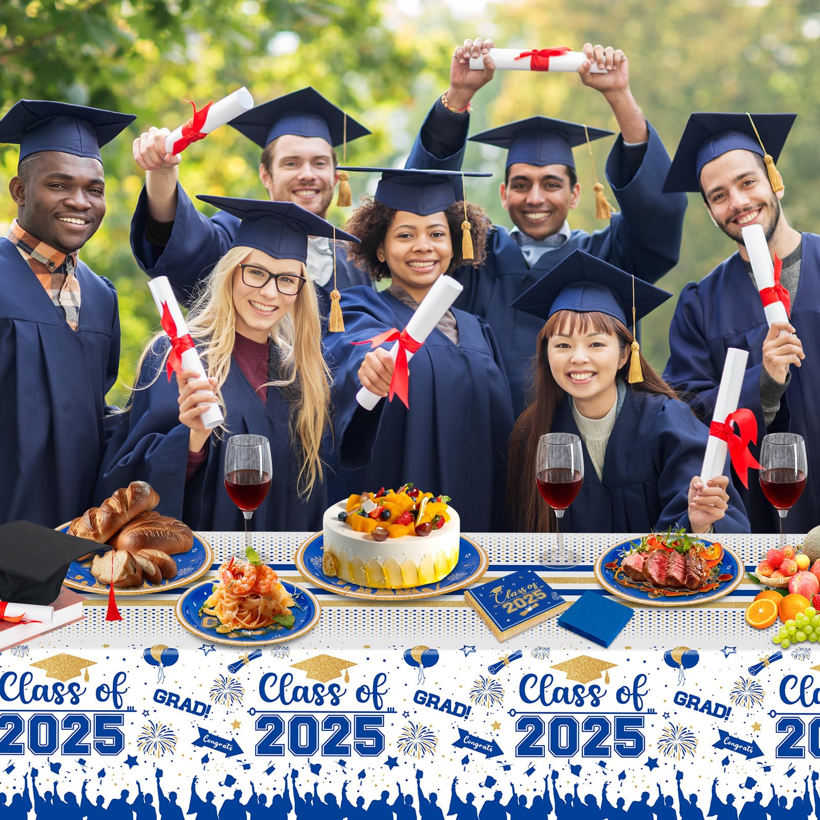 2025 Graduation Party Supplies - Class of 2025 Blue & Gold Disposable Paper Plates & Cocktail Napkins Set (Serves 25) - Perfect for Graduation Decorations, Celebrations & Commencement Parties