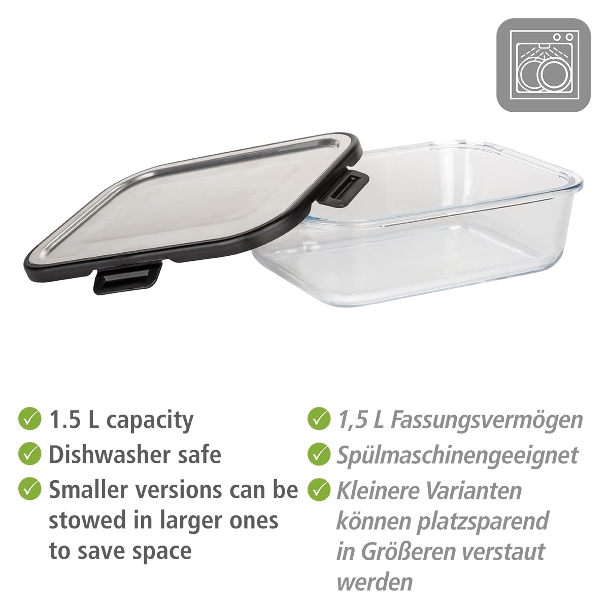 WENKO 1.5L Airtight Glass Food Storage Container with Stainless Steel Lid - Dishwasher Safe, Stackable & Leak-Proof (23 x 7.5 x 17 cm) - Perfect for Meal Prep, Leftovers & Pantry Organization