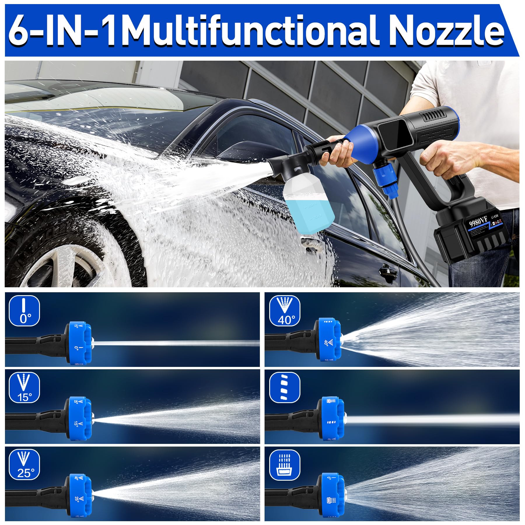 900PSI Cordless Pressure Washer - 15000mAh Battery Powered Portable Power Washer with 6-in-1 Adjustable Nozzle - High Pressure Washer Gun for Car Washing, Fence Cleaning, Deck Maintenance, Driveway & Patio Cleaning - Ideal for Outdoor Home & Vehicle Cleaning Tasks