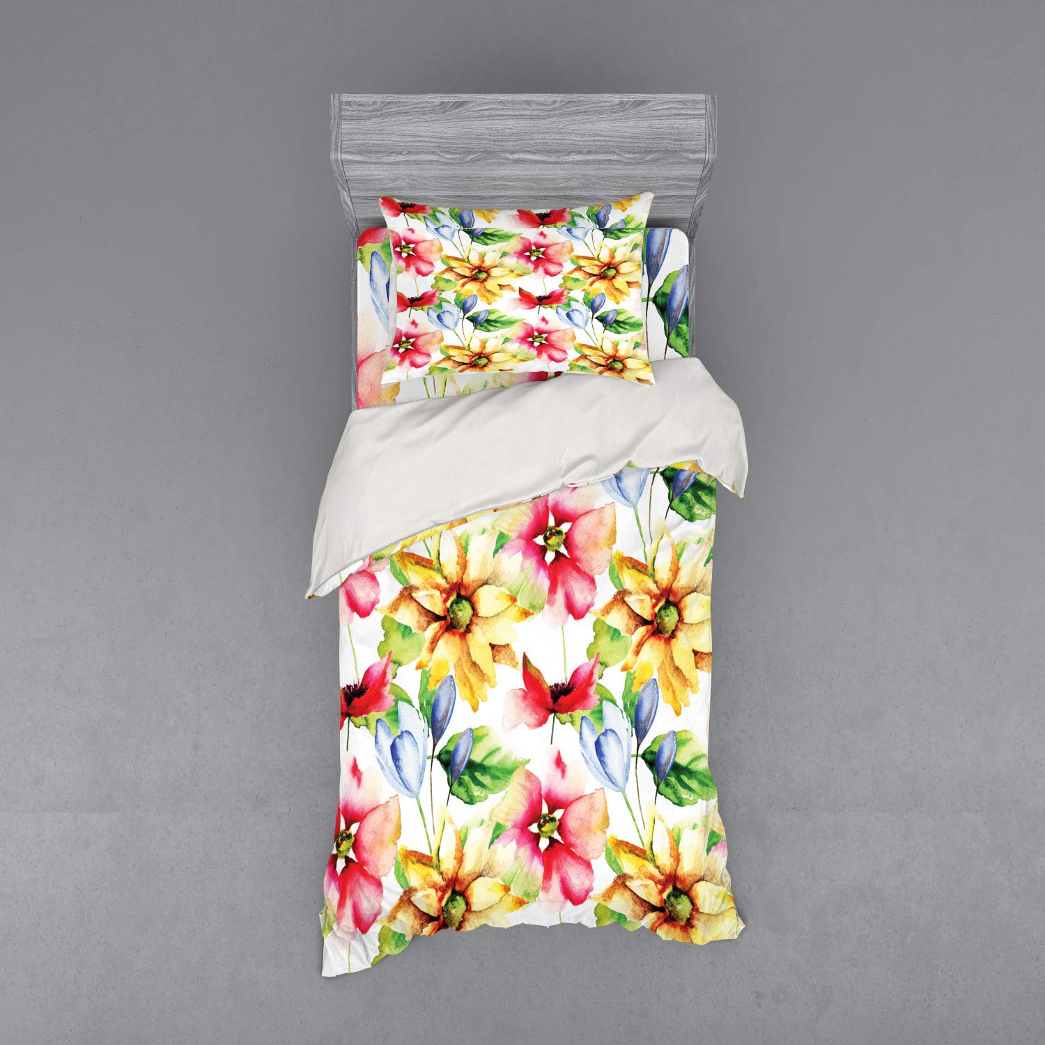 Ambesonne Watercolor Flower Duvet Cover Set - Spring Floral Pattern with Watercolor Effect, Country Style 3-Piece Bedding Set (Twin XL, Multicolor) for Cozy Bedroom Decor & Guest Room Styling