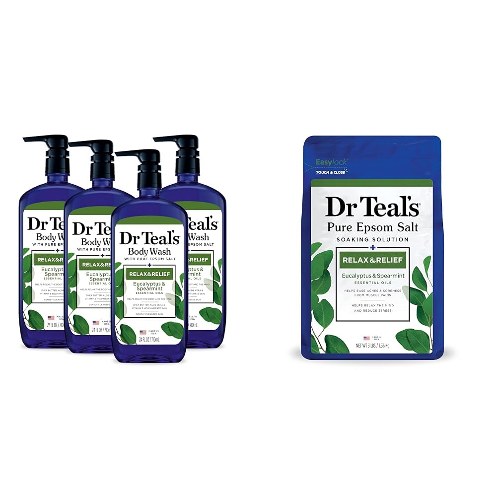 Dr Teal's Eucalyptus & Spearmint Body Wash with Pure Epsom Salt - 24 fl oz (Pack of 4) & Epsom Salt Soak - 3lbs - Relaxing Bath & Muscle Relief for Stress Relief, Sore Muscles & Better Sleep - Spa & Self Care Essentials