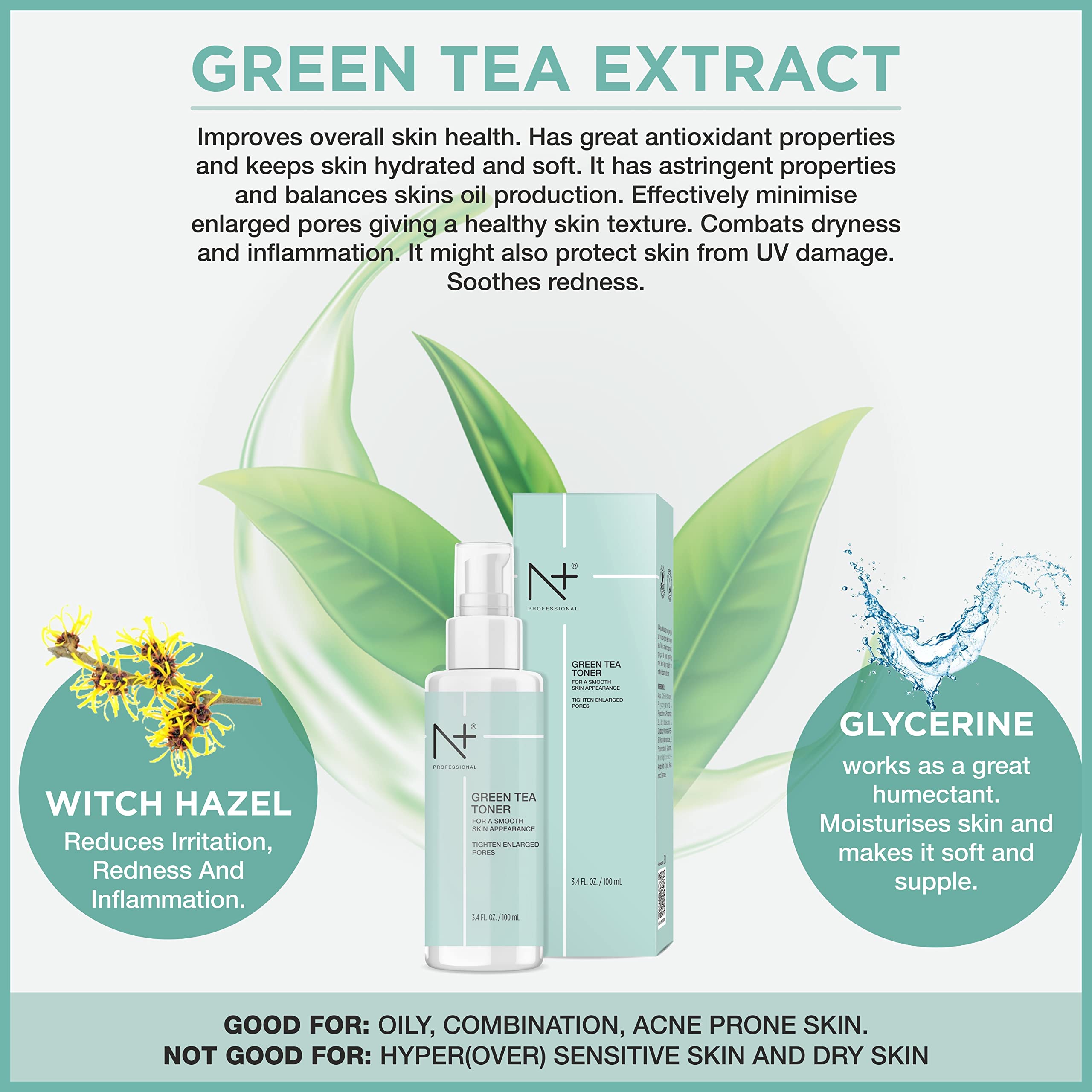 N PLUS Professional Green Tea Toner for Face - Tightens Enlarged Pores, Paraben-Free, 100ml | Hydrating & Refreshing Facial Toner for Daily Skincare Routine