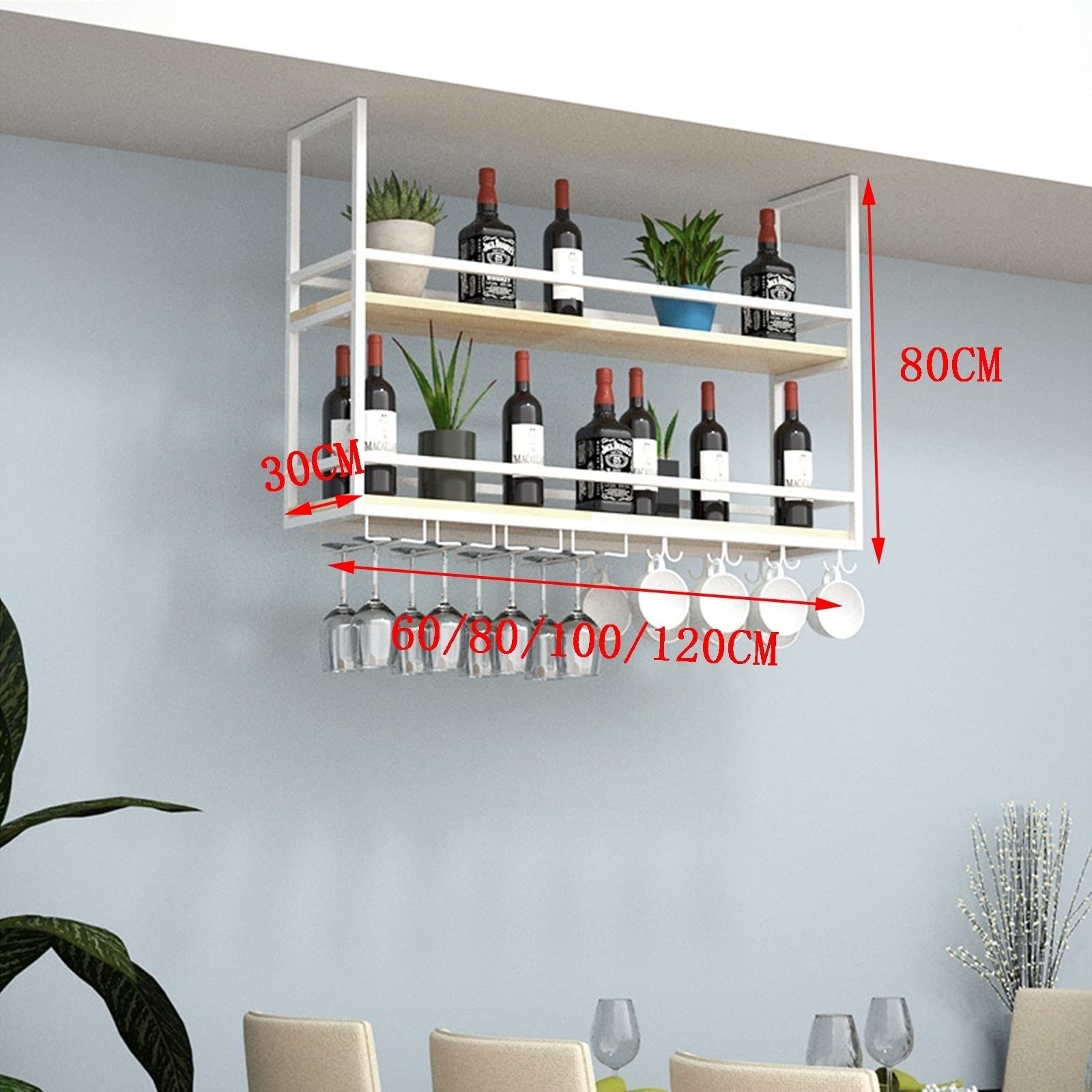 **Hanging Floating Shelf - Wall Mounted Double Wine Rack with Guardrail, Solid Wood & Wrought Iron Display Stand for Kitchen, Living Room, Bar - Perfect for Wine Glasses, Plants & Home Decor**