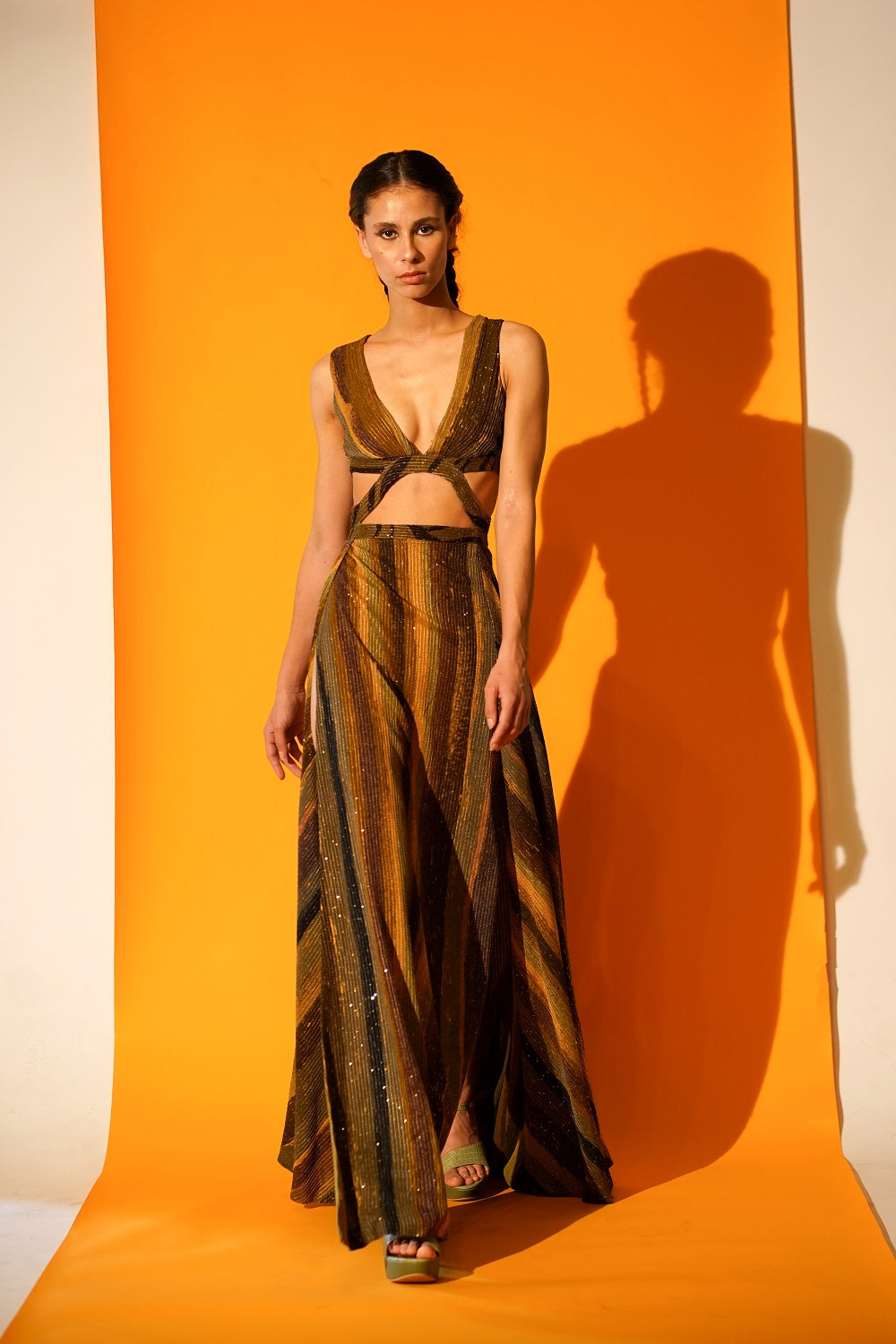Elegant Green Stripe Print Cut Out High Slit Dress for Women - Sexy Party & Evening Gown for Night Out, Club, Date Night & Special Occasions