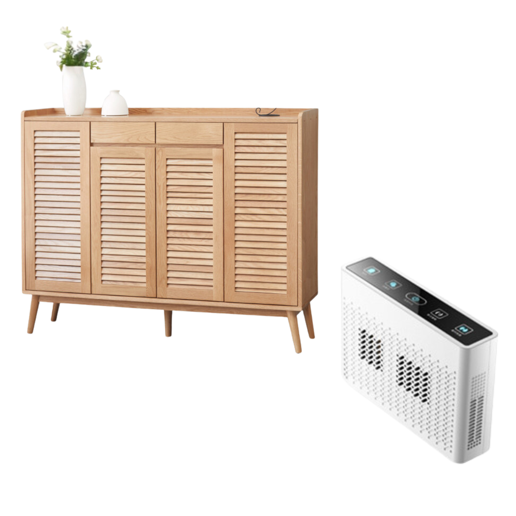 55.1x13.8x43.3 inch/ 140x35x110сm/ Natural Wood Color/ four-door two-drawer Shoe Cabinet + accessory for the disinfection module