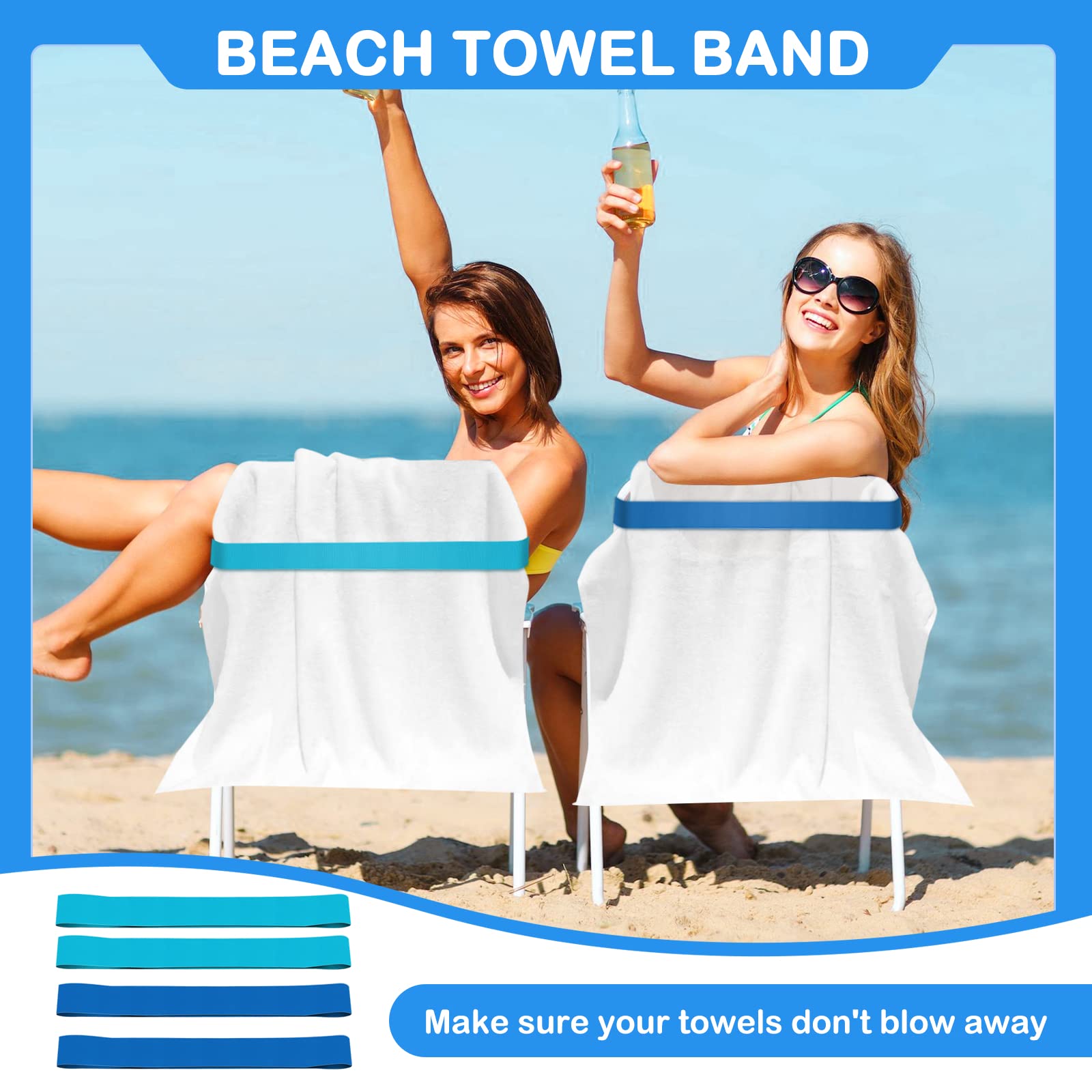 4 Pack Premium Towel Bands for Beach, Pool & Cruise Chairs - Strong Towel Clips & Holders for Securing Beach Towels - Perfect for Vacation, Swimming & Outdoor Relaxation