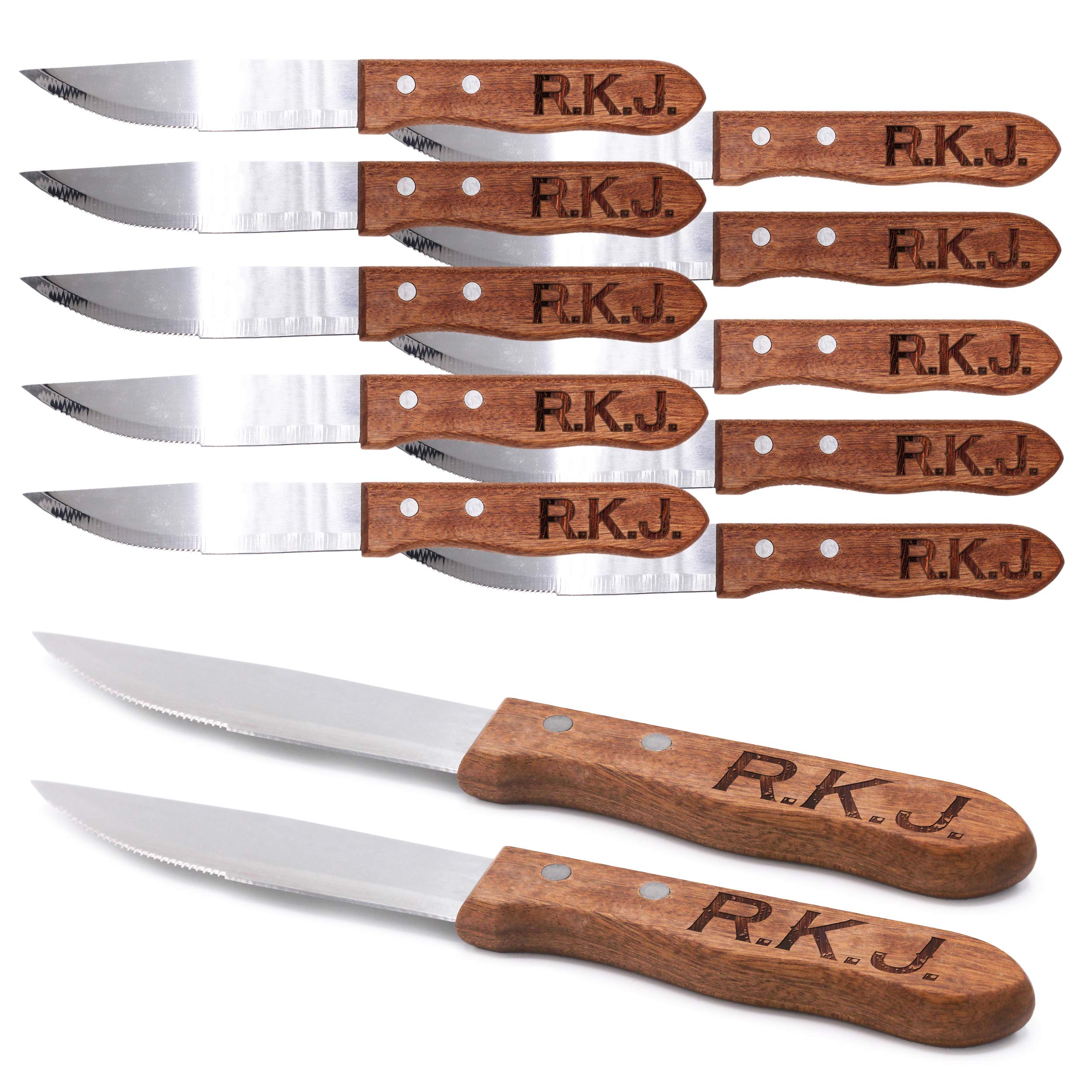 Personalized Monogrammed Wood Steak Knives Set of 12 - Custom Engraved Couples Gift for Housewarming, Anniversary & Wedding - Rustic Kitchen Cutlery for Steak Dinners, BBQ Parties & Romantic Date Nights