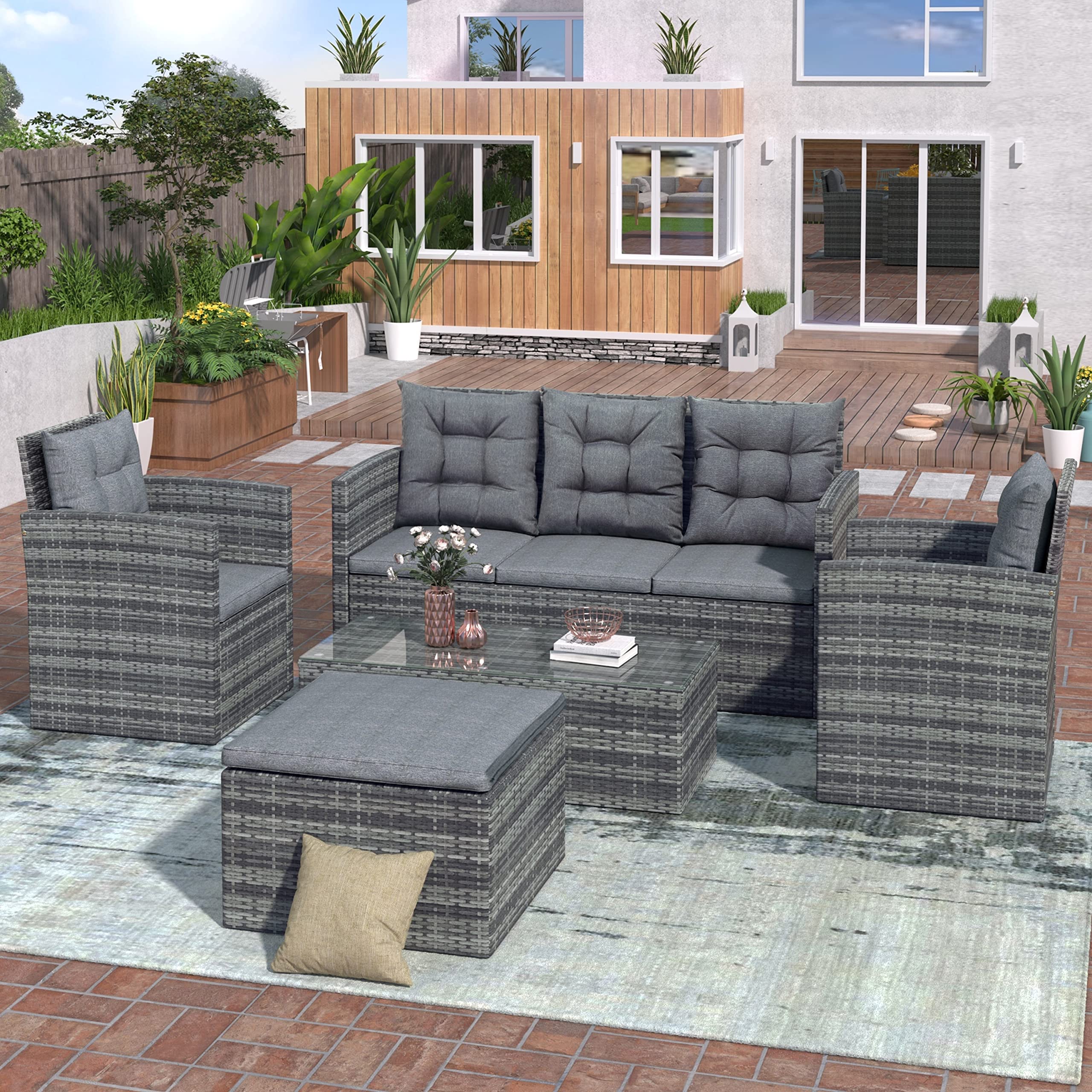 5-Piece All-Weather Outdoor Patio Furniture Set - UV-Proof PE Wicker Conversation Sofa with Storage Bench & Glass Table - Grey Modern Rattan Steel Set with Removable Cushions - Perfect for Backyard, Garden, Poolside & Balcony Relaxation