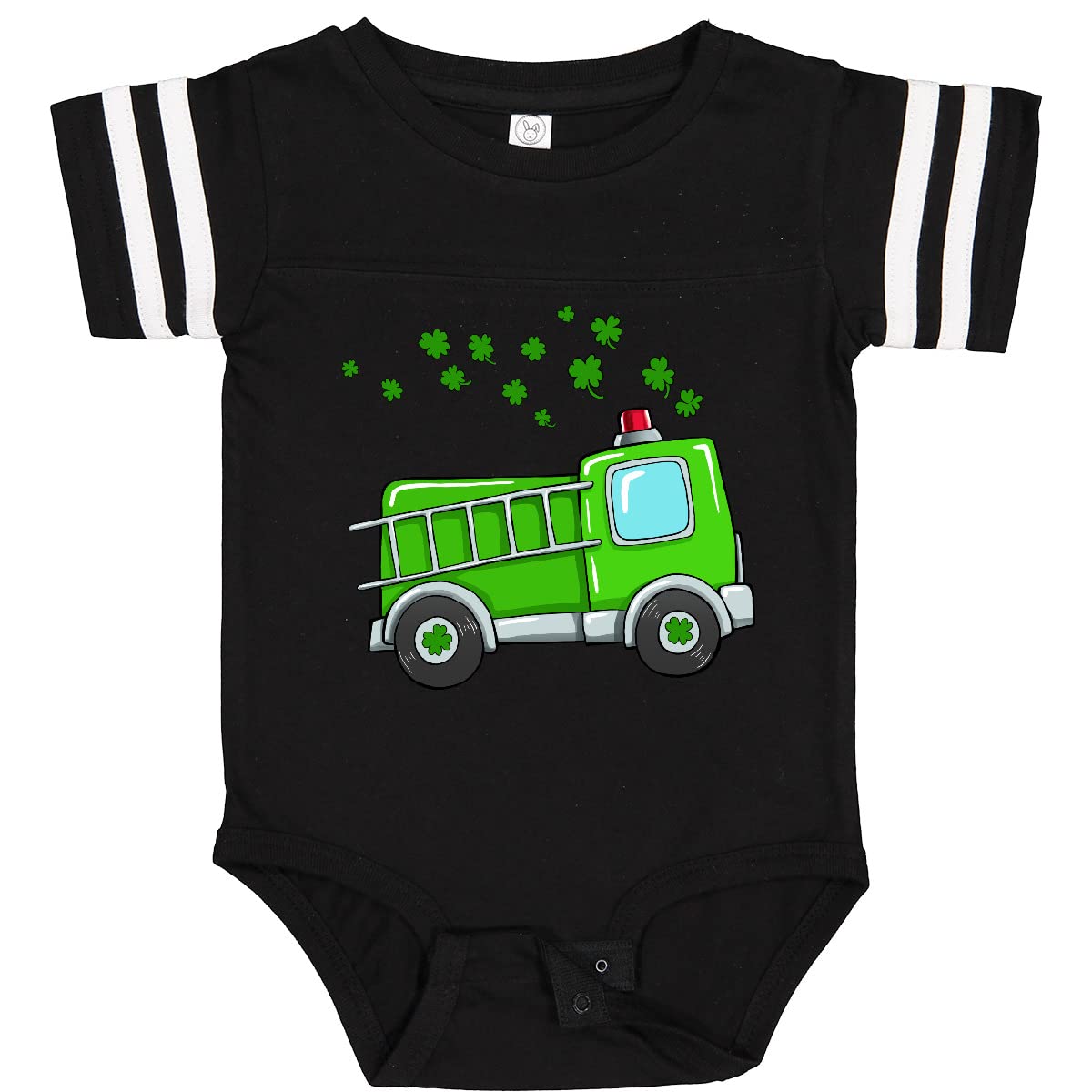 St. Patrick's Day Green Fire Truck with Clovers Baby Bodysuit - Cute Irish Outfit for Infants, Toddler Photoshoot & Holiday Celebration