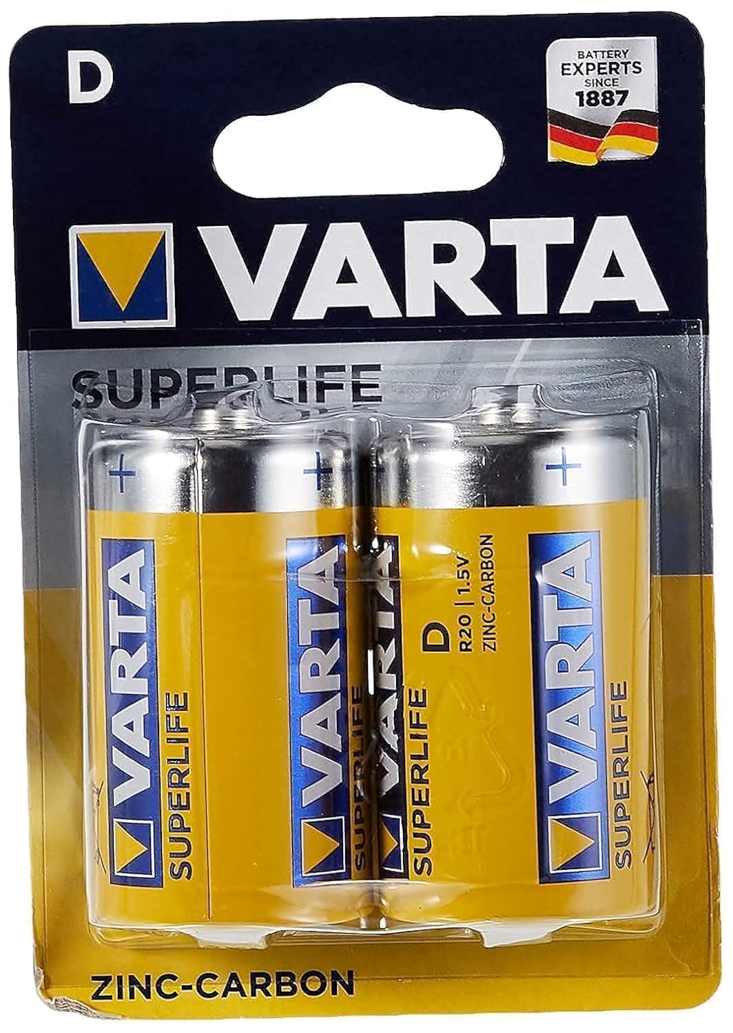 Varta Superlife 10500220 Zinc Carbon Batteries - 1.5V Mono D/LR20 Size (Pack of 2) 6000mAh High Capacity - Perfect for Flashlights, Radios & Emergency Devices