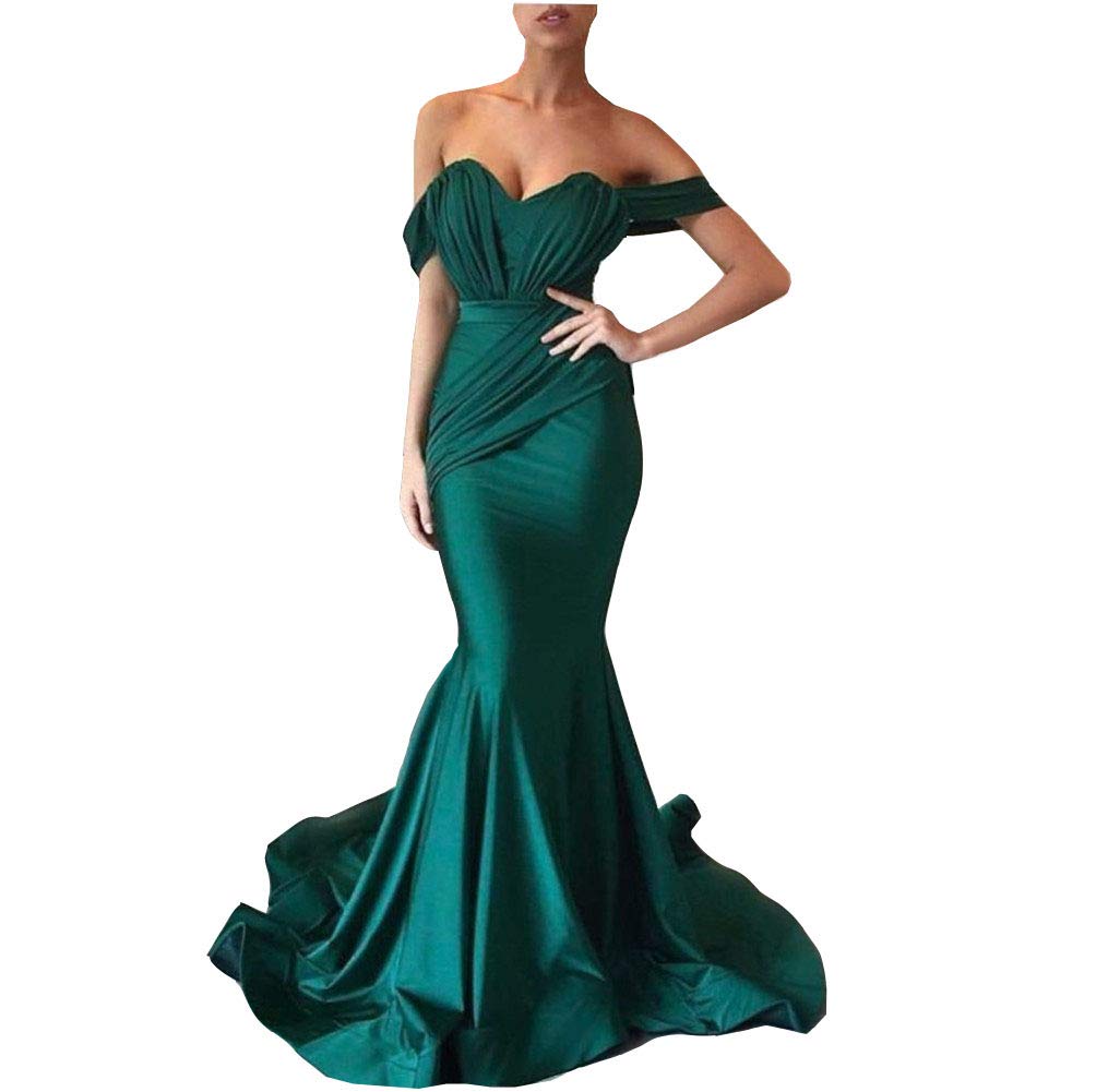 Emanni Women's Off Shoulder Mermaid Prom Dress - Satin Formal Evening Gown for Homecoming, Wedding, Pageant - Emerald Green Elegant Party Gown for Special Occasions
