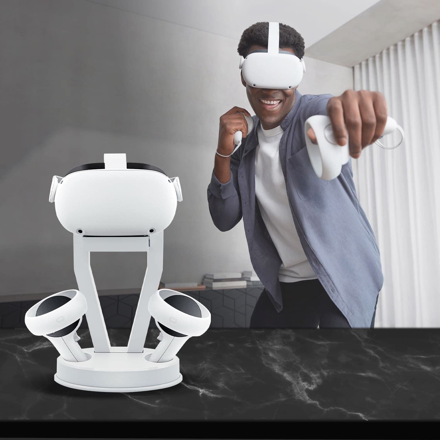 McBazel VR Stand - Universal Display Holder for Oculus Quest 2, Quest 3, PS VR & Touch Controllers - White - Perfect for Organized Gaming Setup & VR Accessories Storage